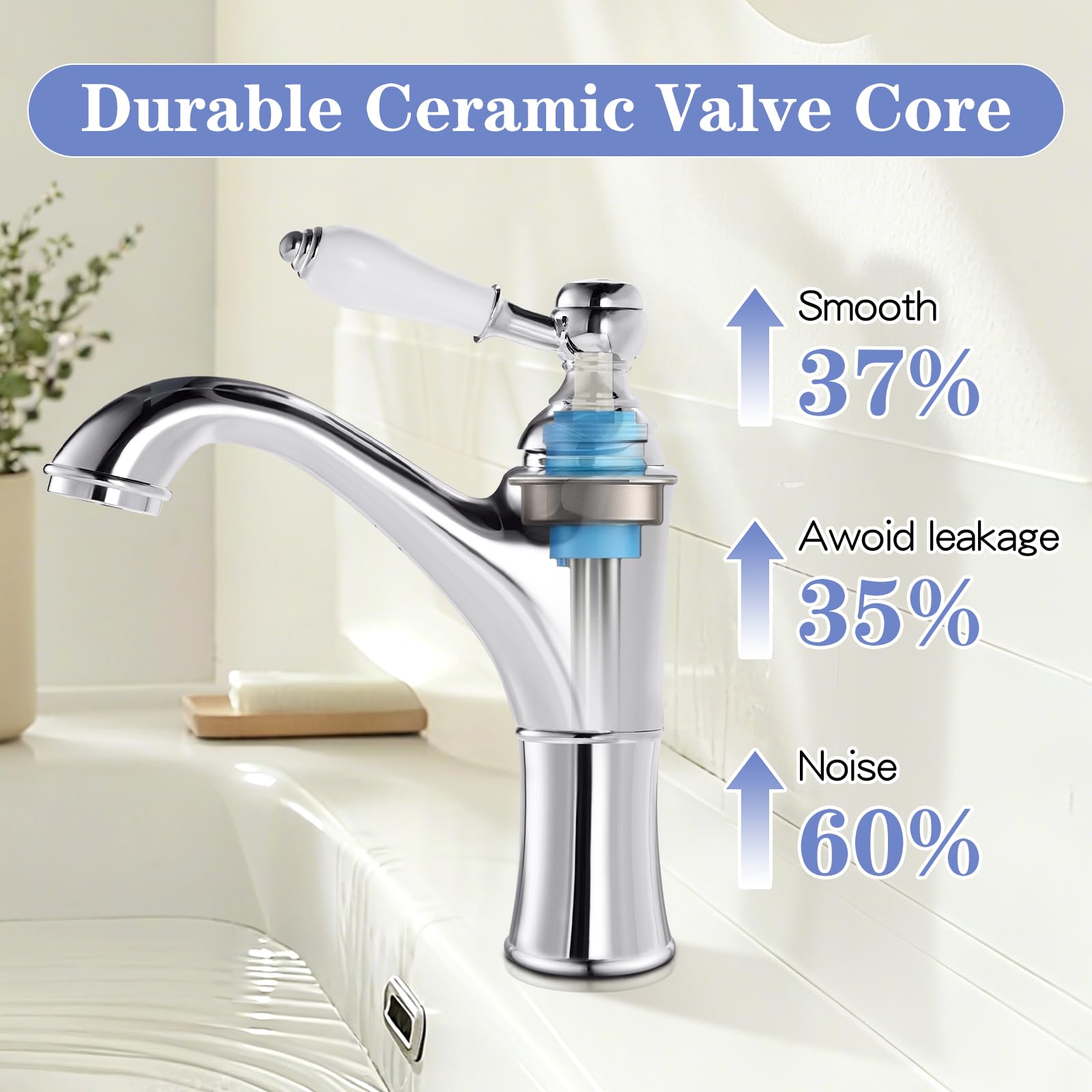 Rubinetto Bagno Lavabo Cromato Monocomando Miscelatore Lavabo Bagno con Manopola in Ceramica, Aeratore Removibile, Ottone G3/8
