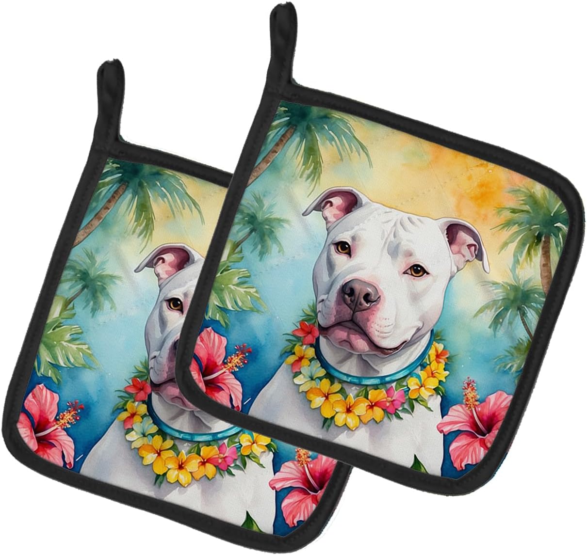 Caroline's Treasures Pit Bull Terrier Luau Pair of Pot Holders Kitchen Heat Resistant Pot Holders Sets Oven Hot Pads for Cooking Baking BBQ, 7 1/2 x 7 1/2