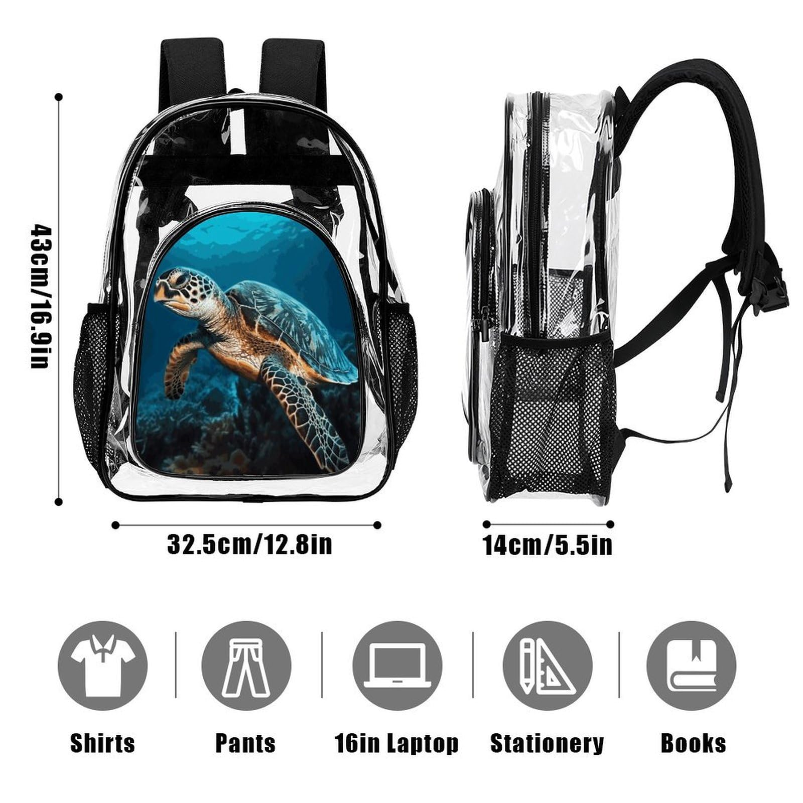 Sea Turtle2 Transparenter Rucksack, groß, transparent, PVC, Büchertasche für Sicherheit, Arbeit, Reisen, Stadion