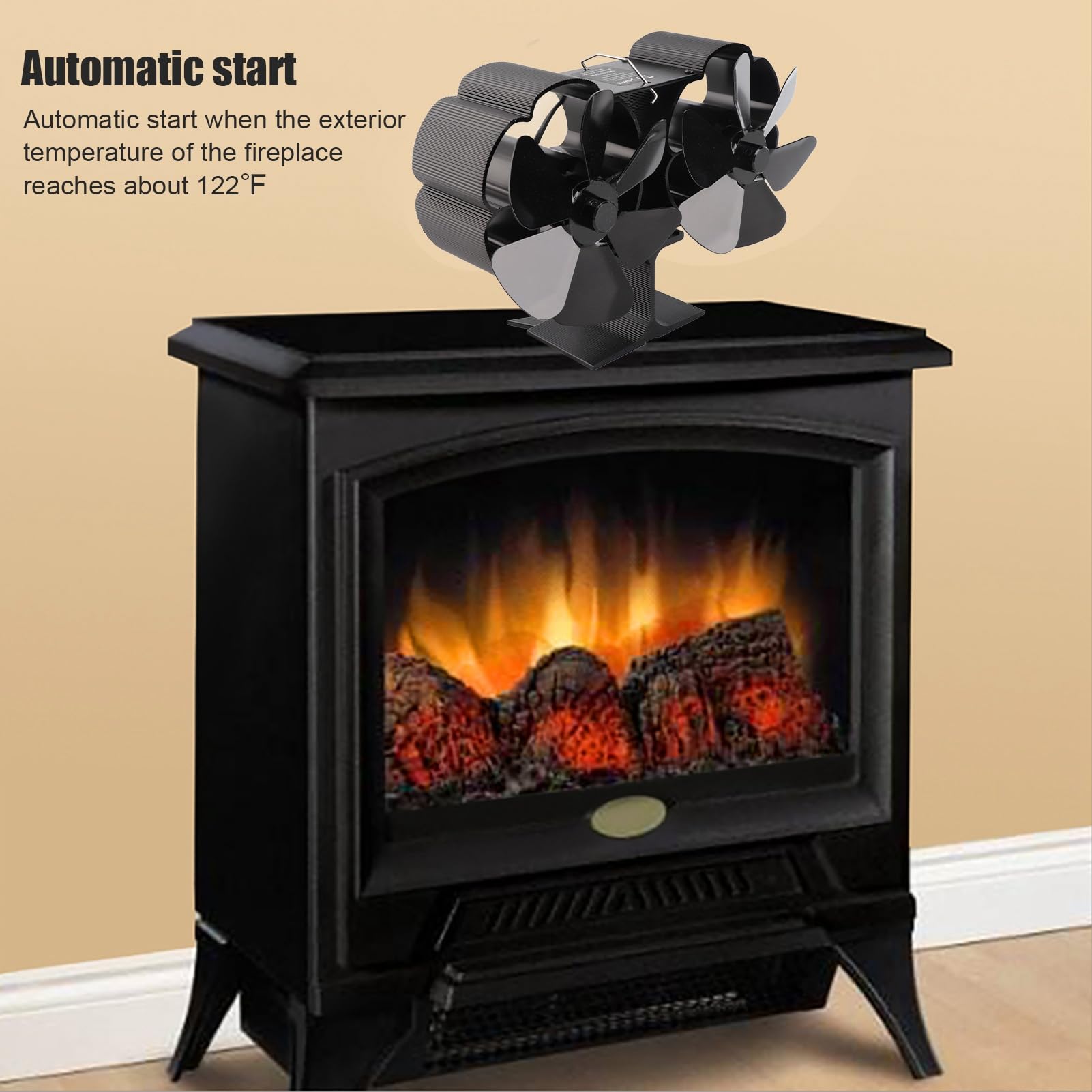 Ventilatore per camino a doppia testa 6 pale Potenza termica Ventilatore per stufa nero Resistente alle alte temperature ambientale
