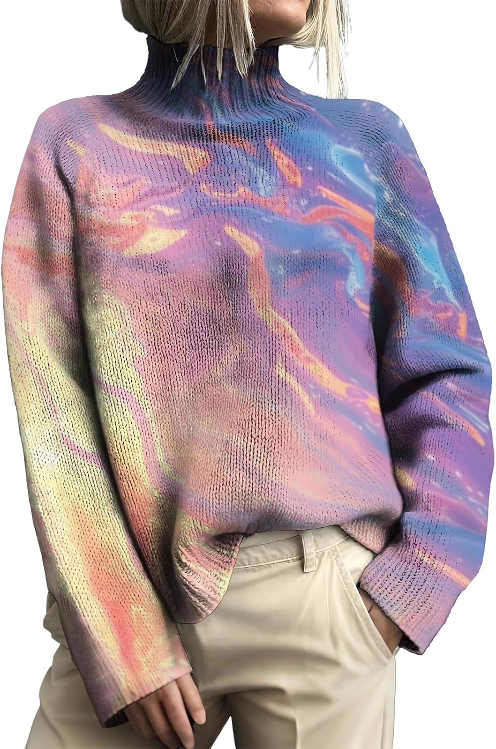 Pullover Sweater for Women Boho Floral Long Sleeve Kniteed Chunky Winter Sweaters Turtleneck Jumper Tops 2025 Fall