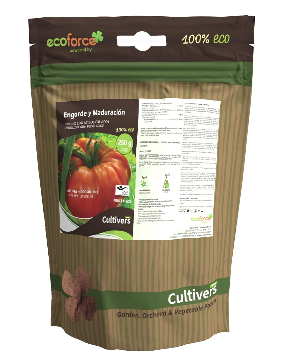 CULTIVERS Abono Engorde y Maduración Ecológico 250 g. Fertilizante Potasio Quelatado con pH Neutro para el Aumento de los Frutos. Force K