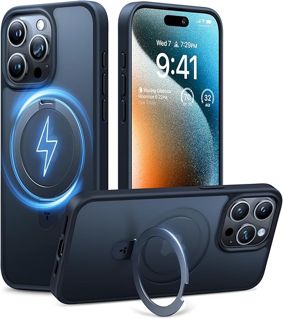 TORRAS Magnetic for iPhone 15 Pro Case with Built-in Stand, [12FT Military Drop Protection][Compatible with MagSafe] Sturdy Kickstand Shockproof Slim Protective for 15 Pro Phone Case, Black Titanium