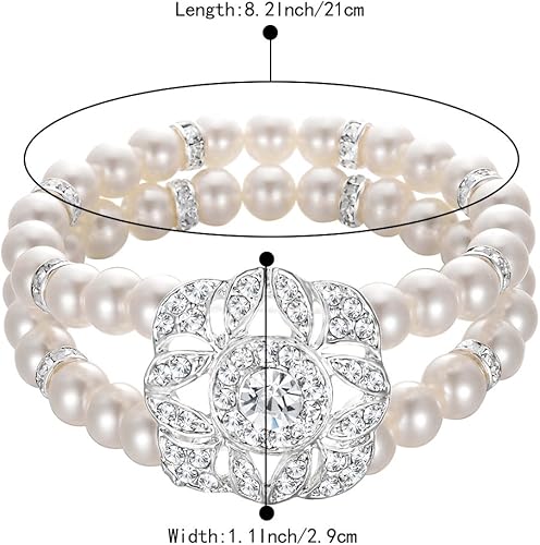 Miniatura 6 de BriLove Pulsera elástica vintage con halo de doble hilera de perlas de imitación de cristal para boda para mujer