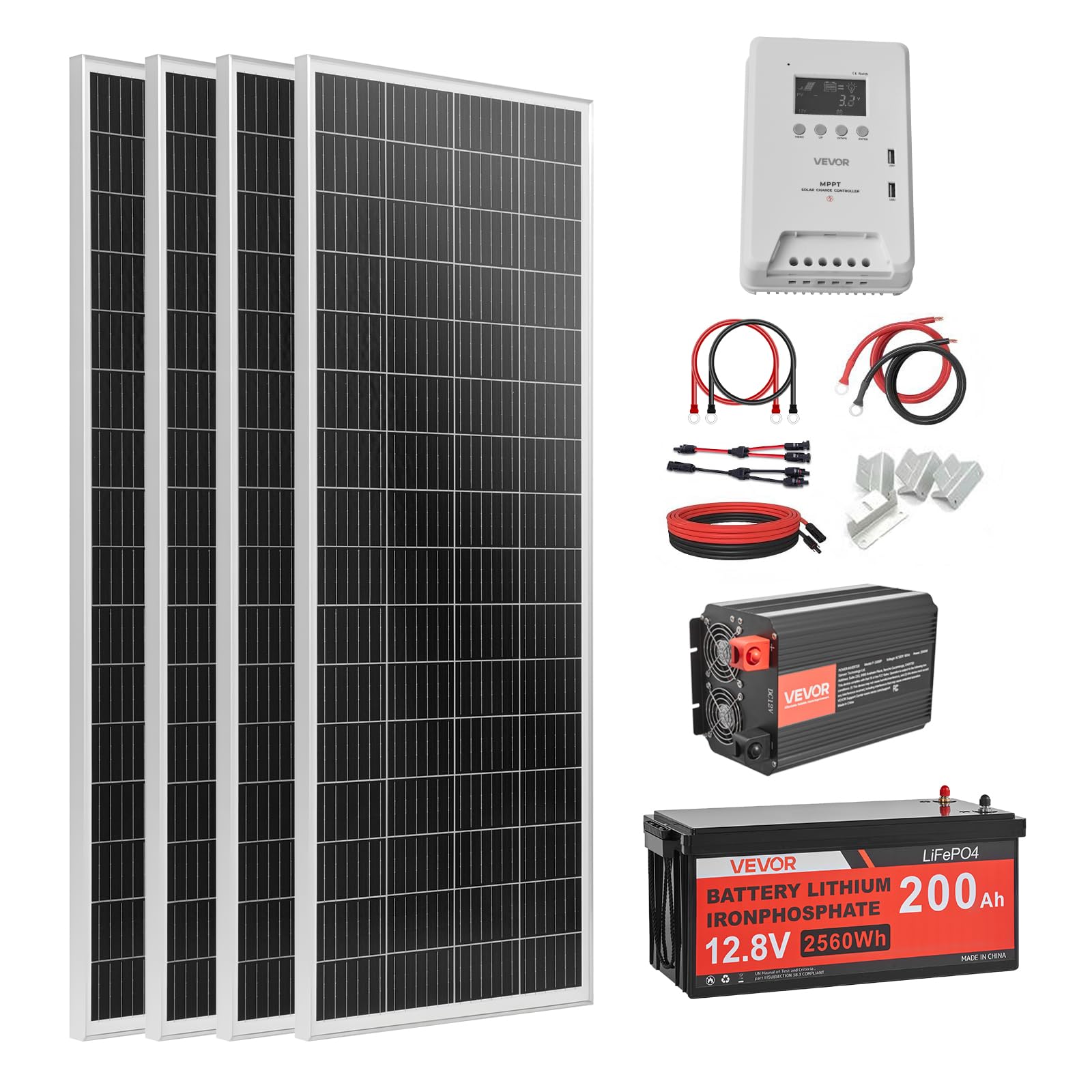 VEVOR 400W Solaranlage Komplettset, Insel Solaranlage Inkl. 4x 100W Mono-Solarpanele 12,8V 200Ah LiFePO4 Stromspeicher 40A MPPT Laderegler & 12V 2000W Wechselrichter, Photovoltaik Inselanlage für Heim