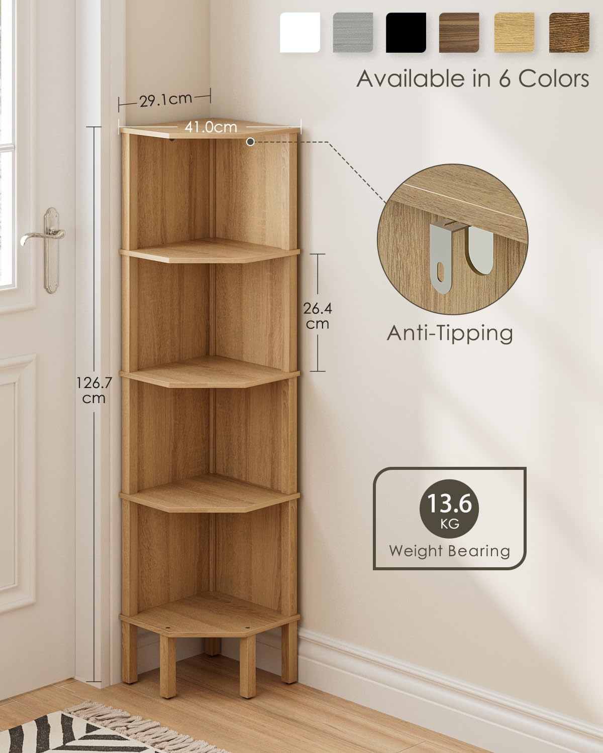 Estantería esquinera con 5 niveles, estantería para plantas, estantería de almacenamiento para salón, oficina, dormitorio, 127 x 29 x 29 cm, madera de roble