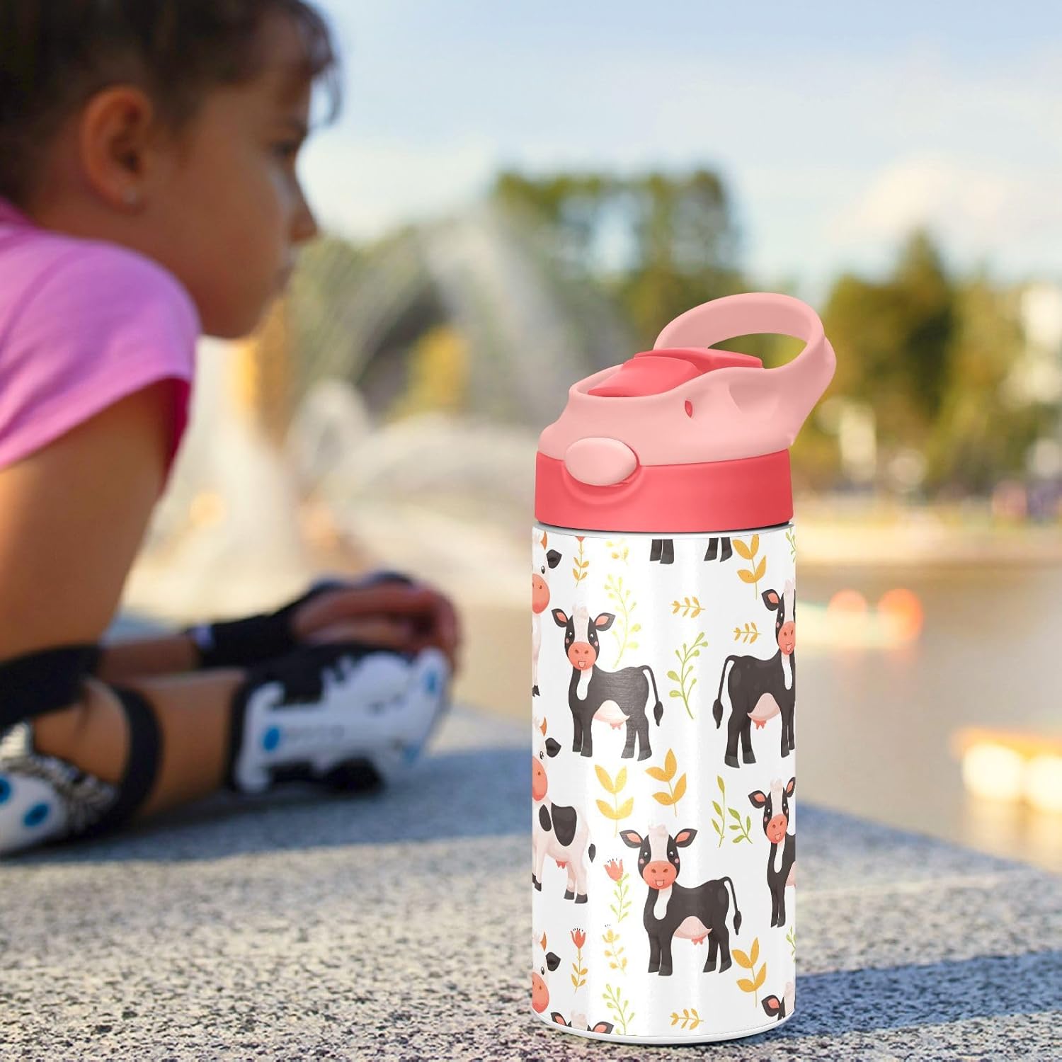 Cute Little Cow White Kids Insulated Water Bottle, Toddlers Tumbler Travel Cup with Straw & Handle Stainless Steel Cup for Travel School Girls 12 oz - Image 2
