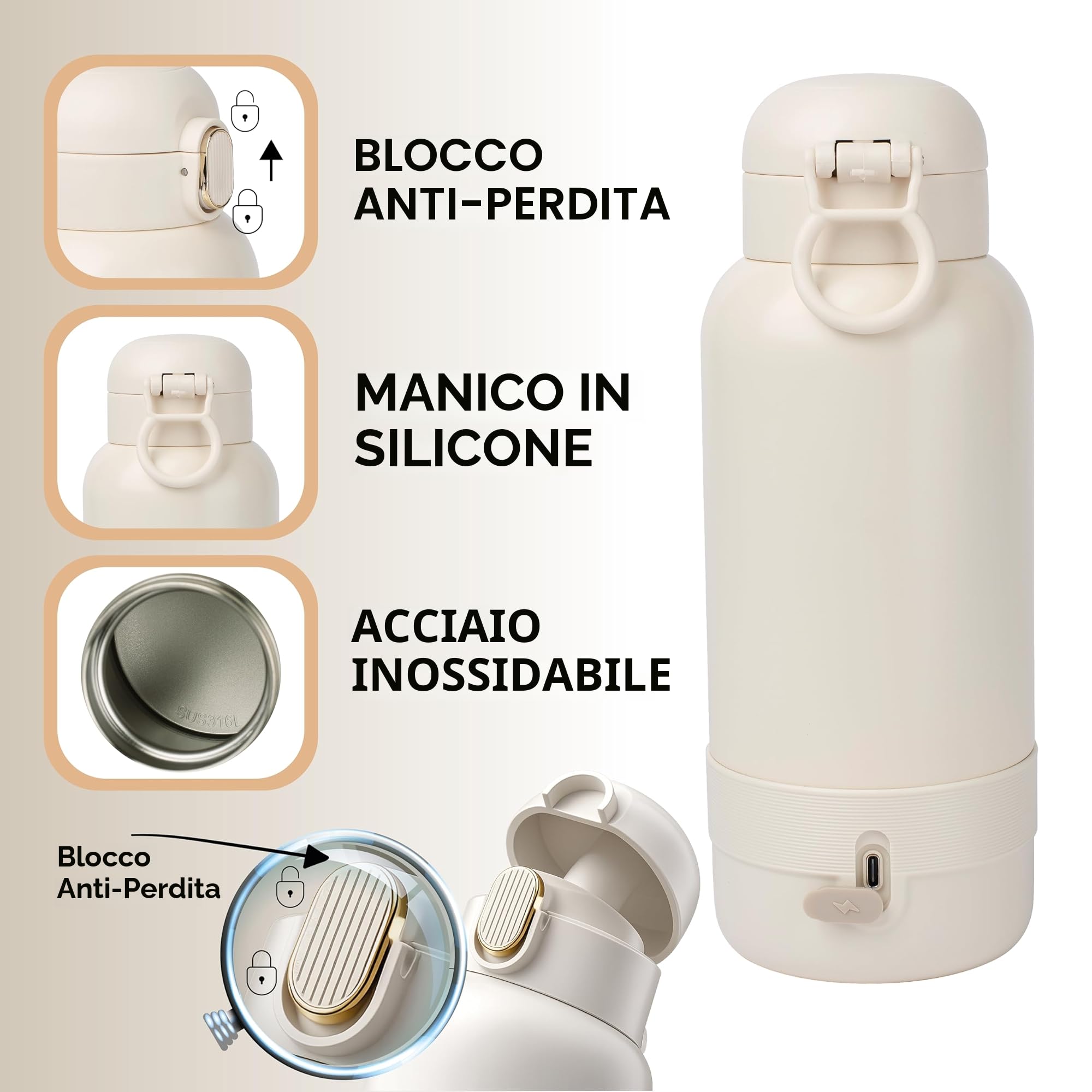 Scaldabiberon Portatile – Scalda Biberon Neonato – Capacità 500 ml – Latte Materno e Acqua – Acciaio Inossidabile – per la Notte, le Gite e i Viaggi – Riscaldamento Rapido – Batteria a Lunga Durata