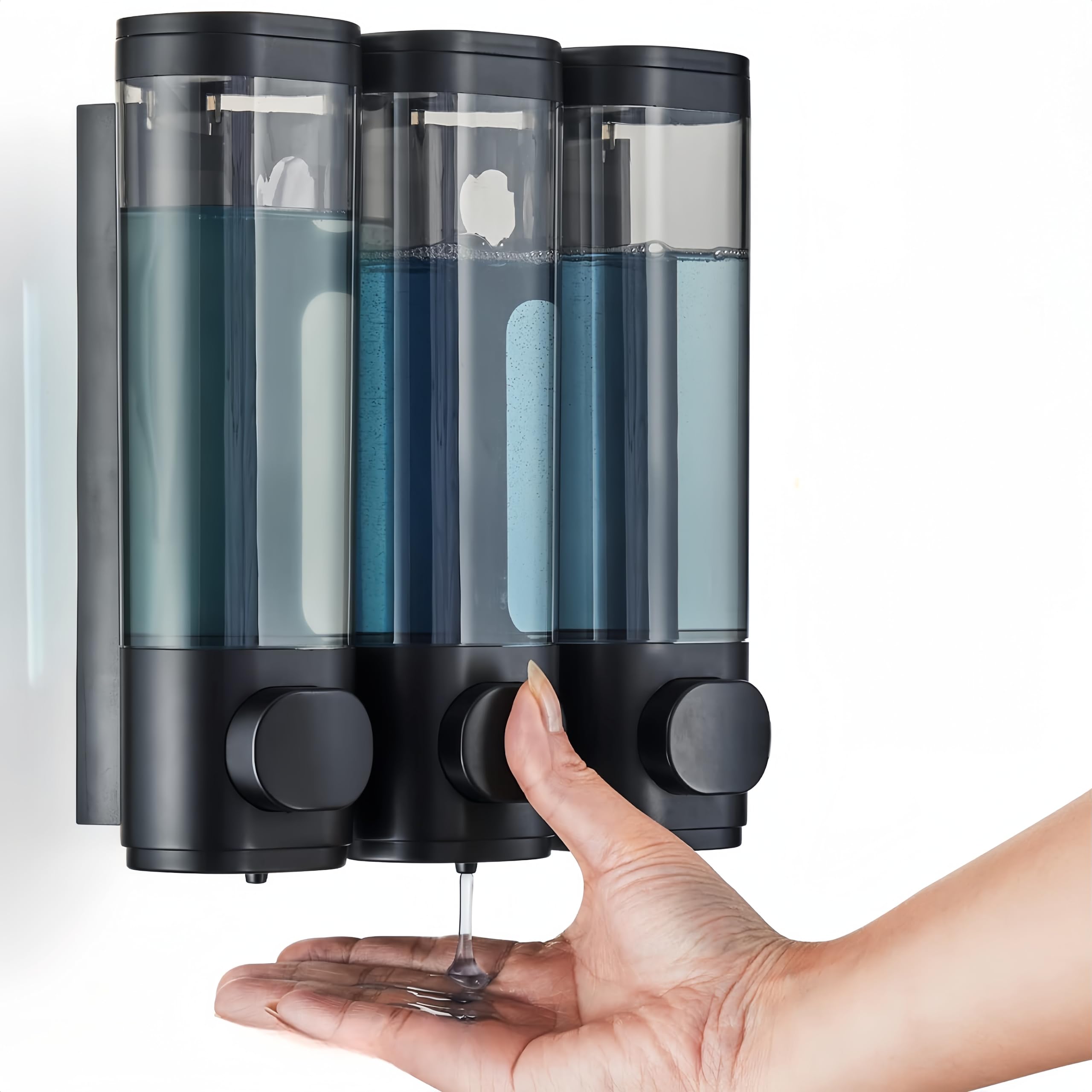 Shampoo and Conditioner Dispenser,Shower Soap Dispenser 3 Chamber No Drill Wall-Mounted Shampoo Dispenser for Shower Wall Mounted Shower Dispenser for Bathroom Hotel Large Capacity (Black)