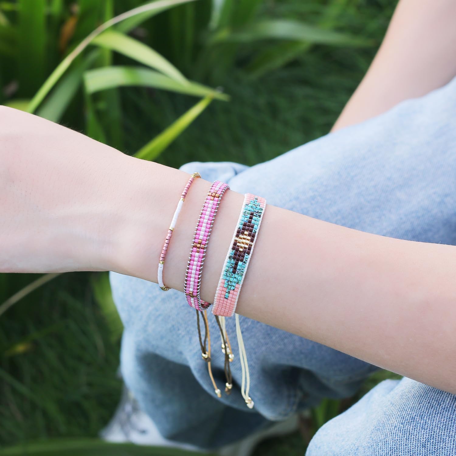 KELITCH Women Friendship Bracelets Rope Bracelets Handmade Multi-Pattern Wrap Bracelets Fashion Jewelry Bangles (Pink Green 10C)