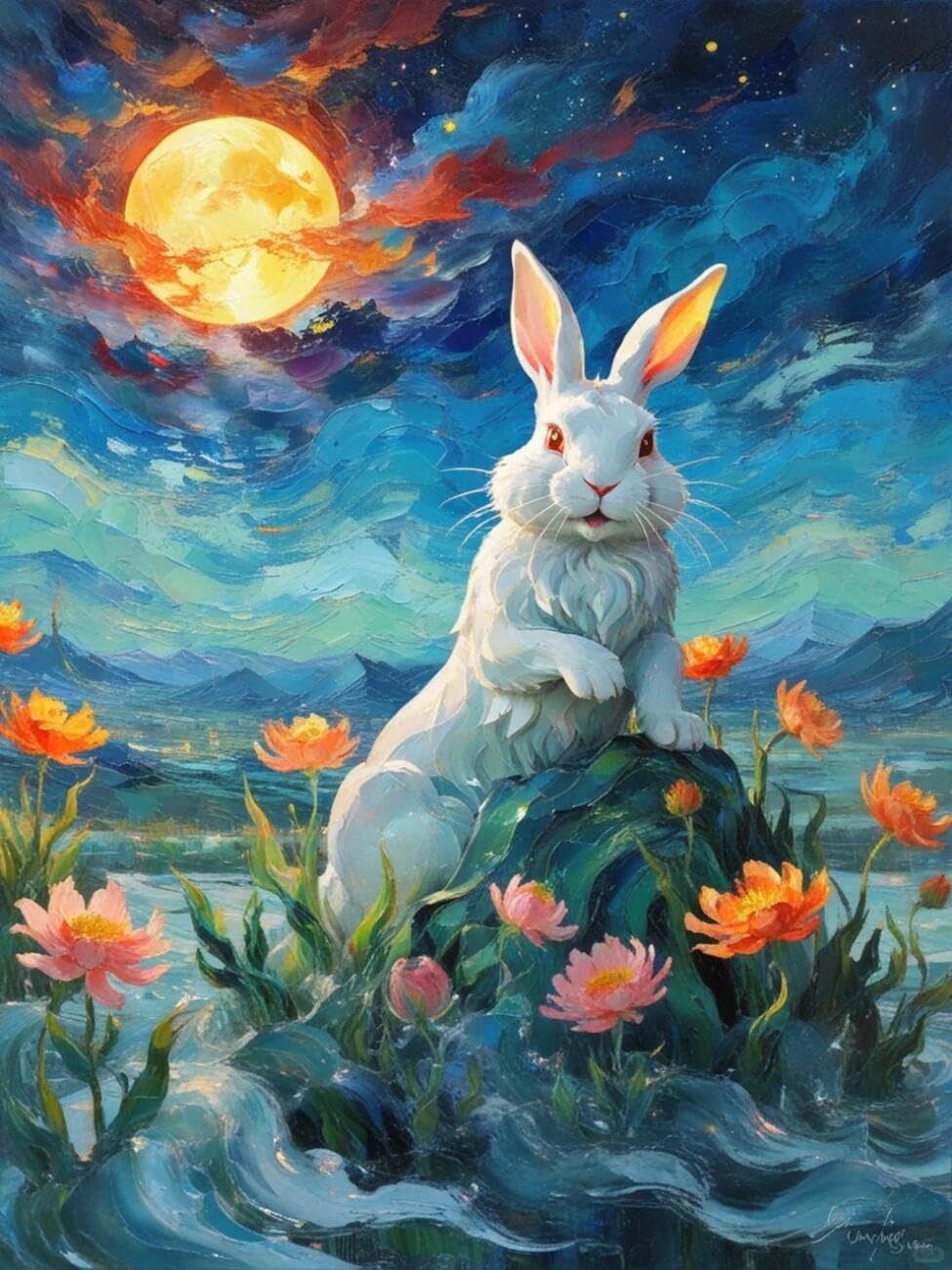 Henypt Pre Printed Cross Stitch Kit Rabbit and the Starry Sky Animal DIY Arts Aand Craft Kit for Beginners The Elderly with Accessories Home Wall Art 14CT 30x40cm