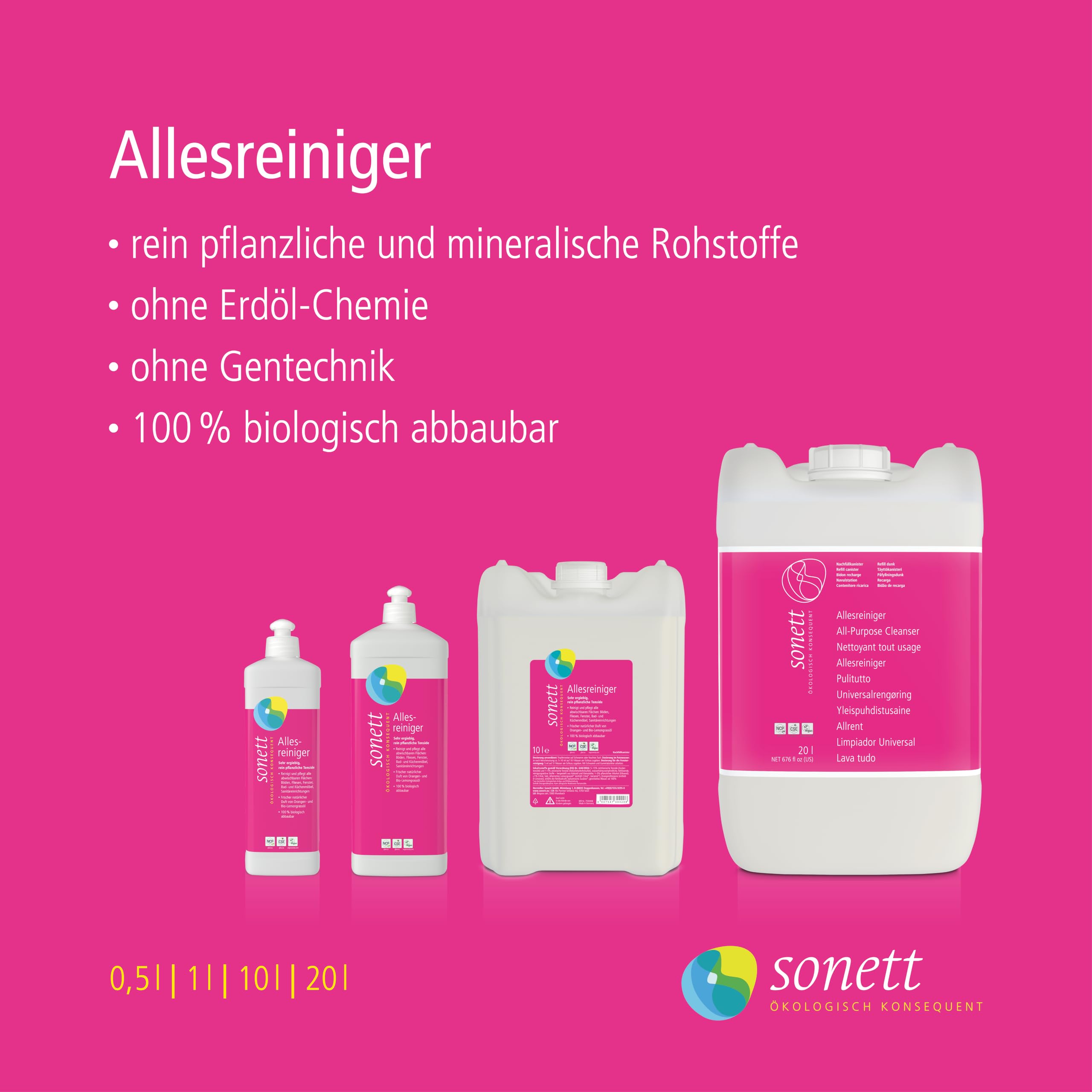 Sonett Tout Purificateur au Parfum Naturel d'huile Essentielle d'orange et de Citronnelle Bio, 20 L