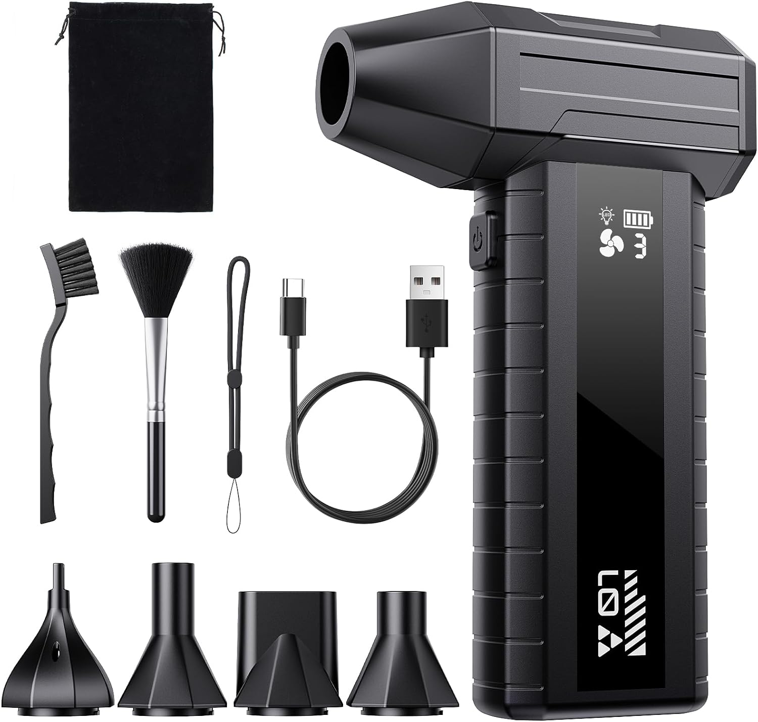 Druckluftspray Alternative, Elektrischer Air Duster mit 200.000 U/min Turbo Gebläse, 10500 mAh Akku Gebläse für PC Reinigung & Tastatur Reinigungsset, LED-Licht, Smart-Display, USB-C