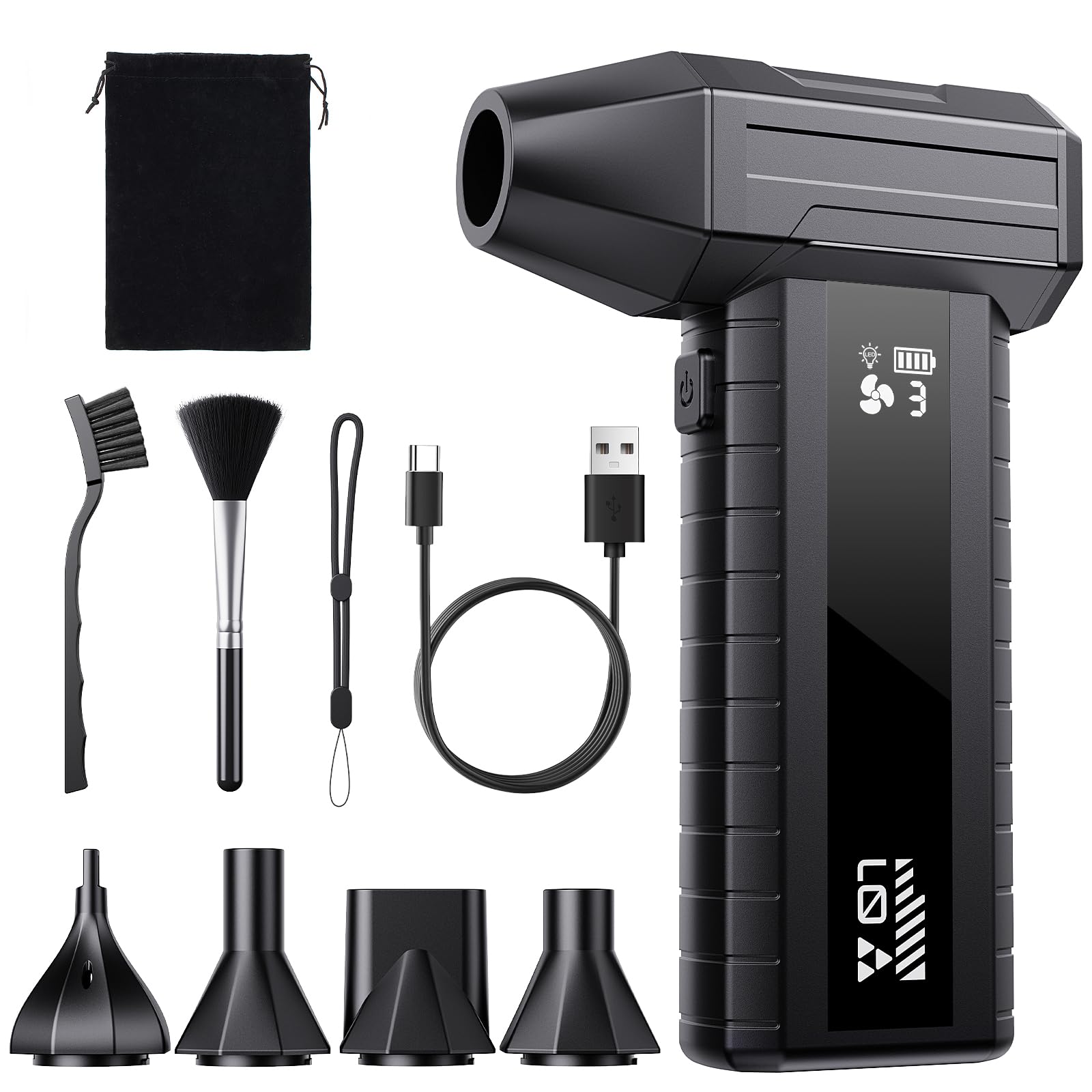 Nevoke Druckluftspray Alternative, Elektrischer Air Duster mit 200.000 U/min Turbo Gebläse, 10500 mAh Akku Gebläse für PC Reinigung & Tastatur Reinigungsset, LED-Licht, Smart-Display, USB-C