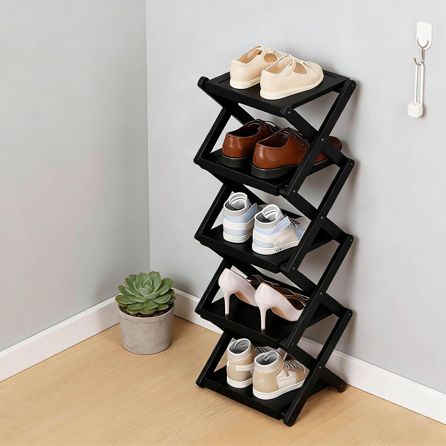 Bamboo Rack for Shoes, Tall Narrow Foldable Shoe Organizer, Space-Saving Multifunctional Shelf for Entryways Corners Bedrooms, Strong Load-Bearing Capacity, No Assembly Required (Black_5 Layers)