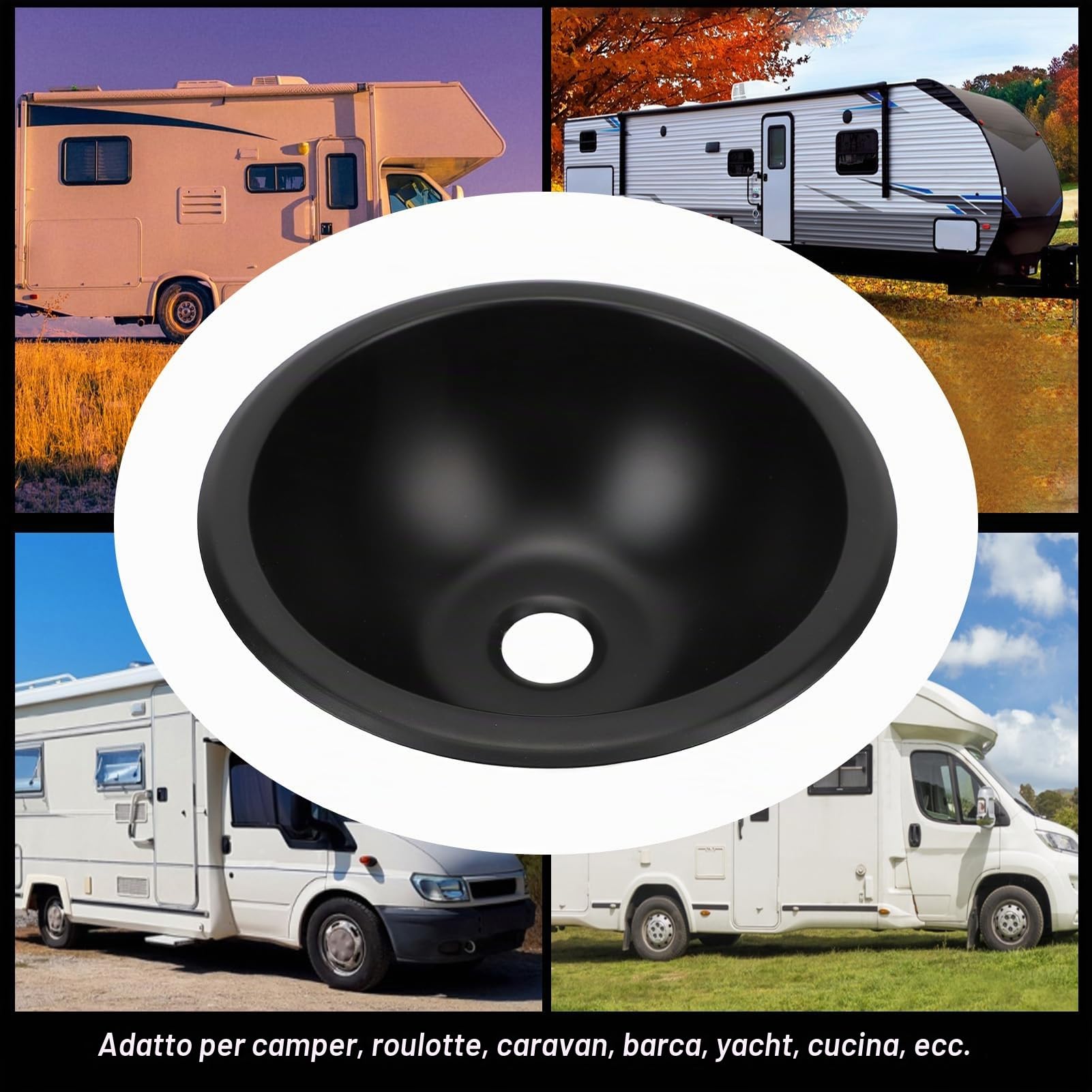 Lavello da cucina RV, Lavello in Acciaio Inox da 9x4 pollici, Rotondo, con Porta di Scarico da 40 mm, per Lavabo per Camper e Roulotte
