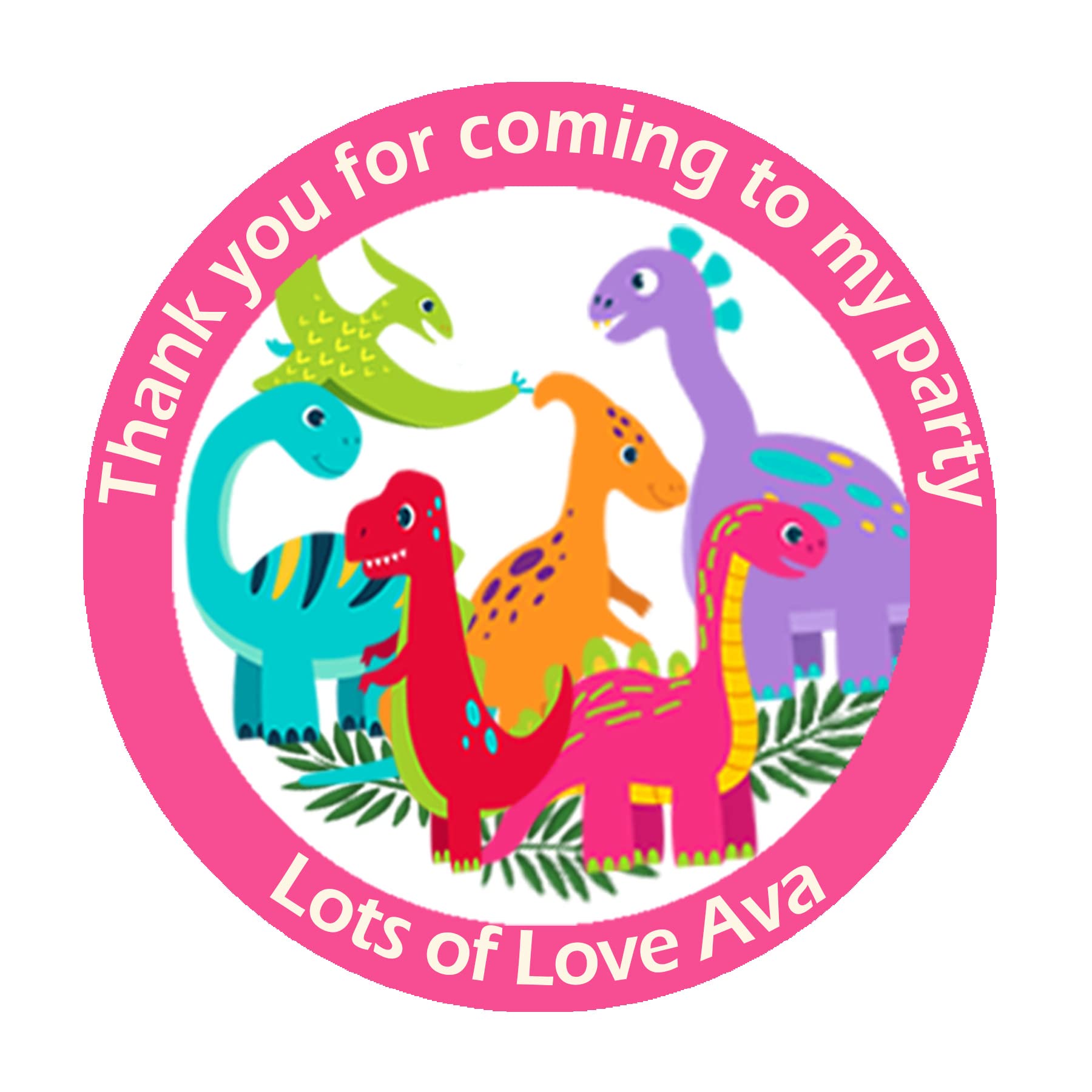 24 x Personalised Dinosaur Birthday Stickers for Party Thank You Sweet Cone Bags (D1 - Pink)