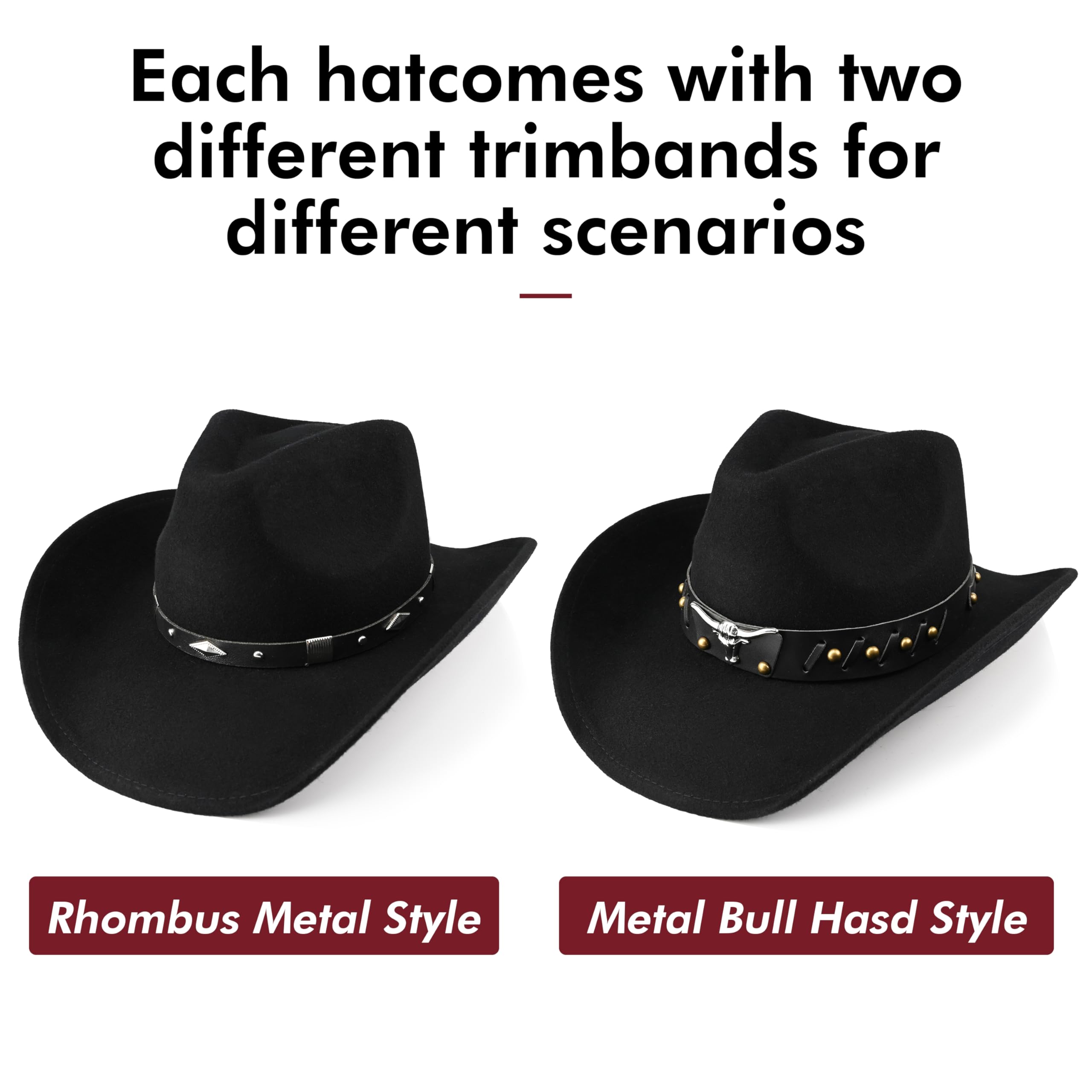 100 % lana para hombre y mujer, sombrero vaquero clásico negro, sombrero de vaquera, sombrero de fieltro con dos bandas decorativas