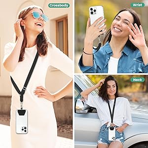 SS Phone Lanyard, Adjustable Cell Phone Lanyard Neck Strap & Phone Wrist Strap & 4 Phone Tether Patches for Most Smartphones, Black