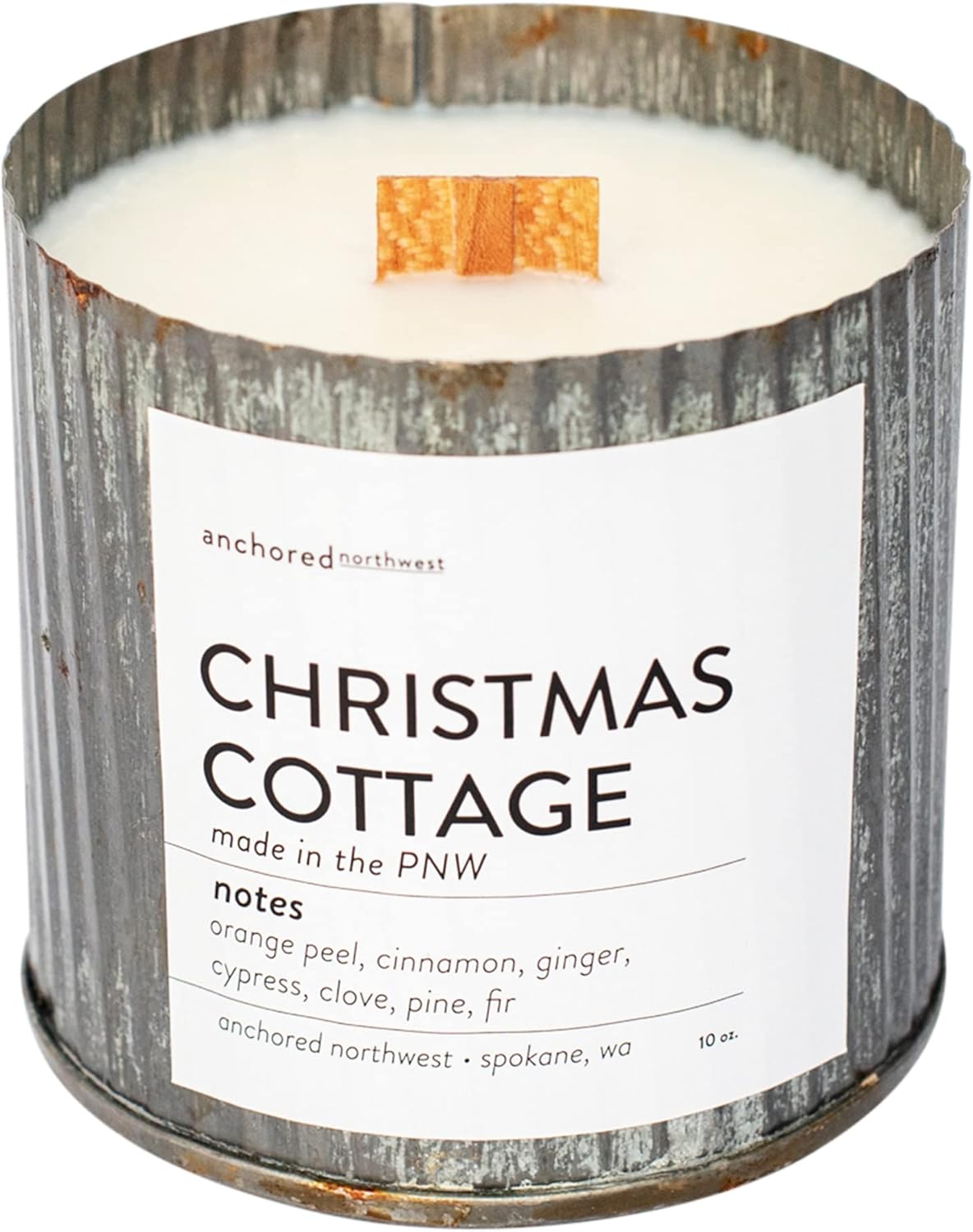 Anchored Northwest - Christmas Cottage Scented Rustic Vintage Candle, 10oz Corrugated Metal Tin, American Cedar Wood Wick, Hand Poured, Essential Oil Blend 100% Soy Wax, 60 Hour Burn