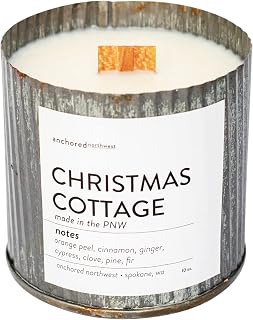 Anchored Northwest - Christmas Cottage Scented Rustic Vintage Candle, 10oz Corrugated Metal Tin, American Cedar Wood Wick, Hand Poured, Essential Oil Blend 100% Soy Wax, 60 Hour Burn