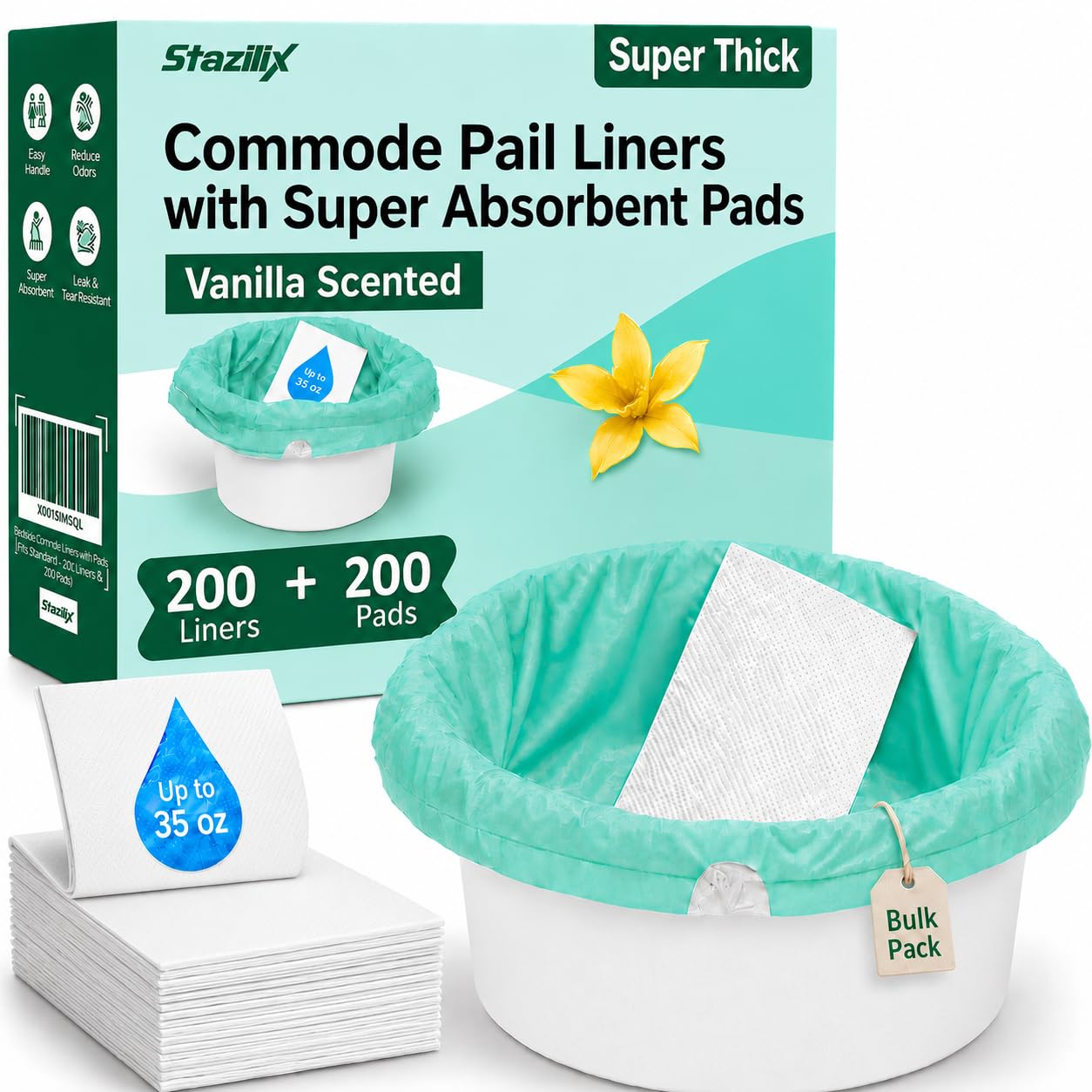 Bedside Commode Liners with Absorbent Pads Bulk Pack, 200 Liners + Pads for Elderly, Adults and Seniors