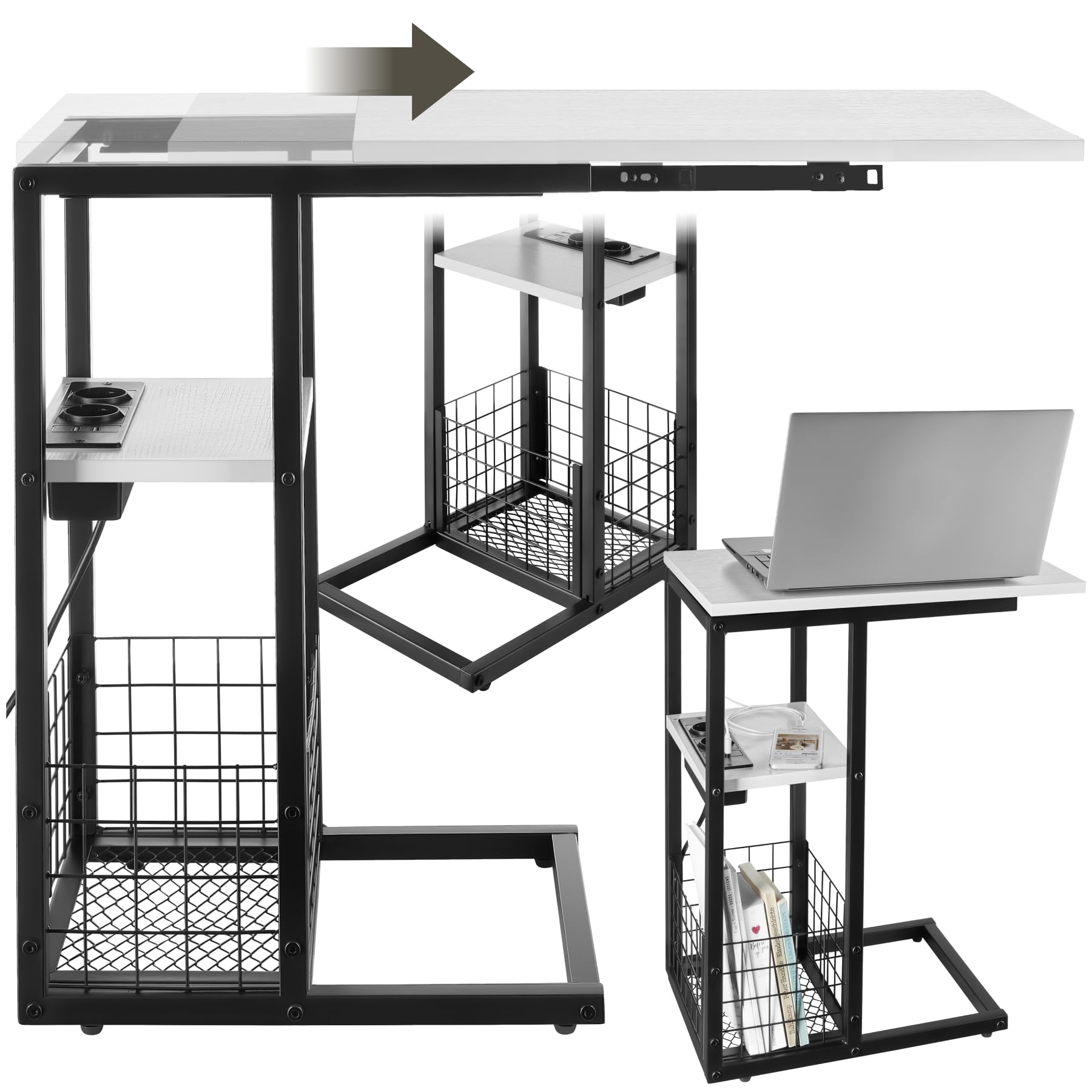 tectake® Tavolino Supporto PC Portatile con Forma a C, Tavolino da Letto con Stazione di Ricarica Integrata, Tavolino da Divano con Piano Scorrevole, Tavolo con Vassoio Portaoggetti - Bianco