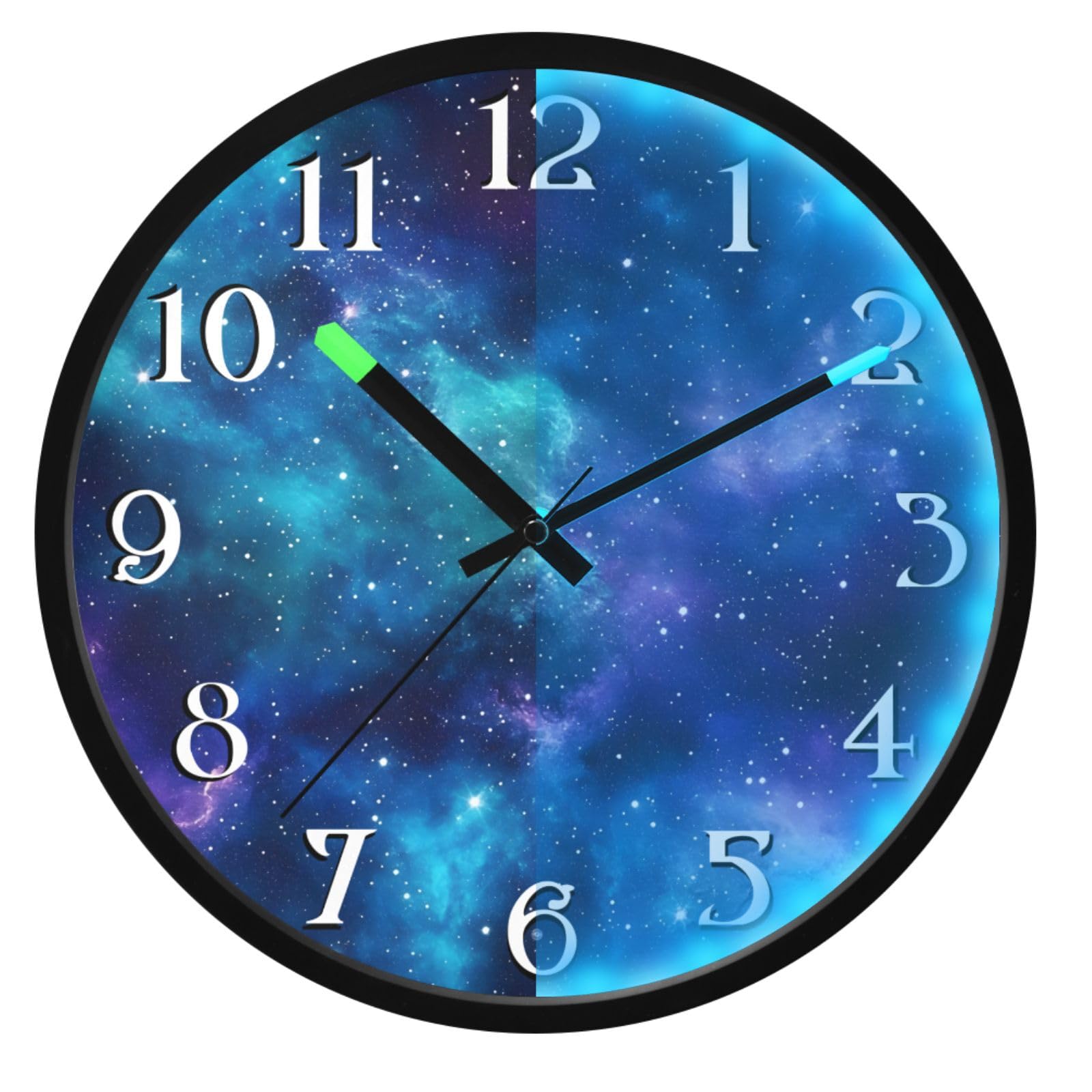 Mnsruu Reloj de pared azul galaxia luminoso para dormitorio, funciona con pilas, reloj silencioso que brilla en la oscuridad, para sala de estar, cocina, 12 pulgadas