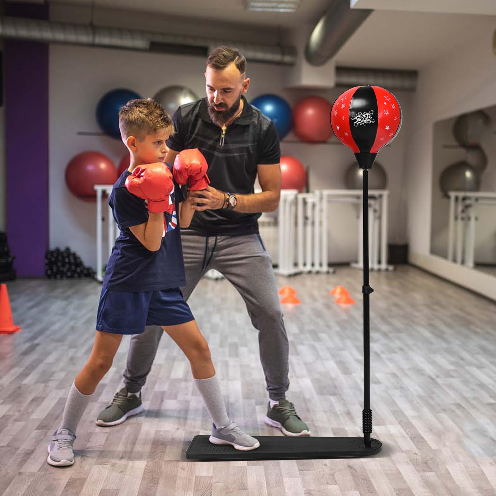 KOMFOTTEU Punchingball sur Pied Réglable 85-130 cm, Ballon de Boxe avec Pédale, Gants et Pompe, Ensemble de Frappe Debout pour Enfants de Plus de 3 Ans