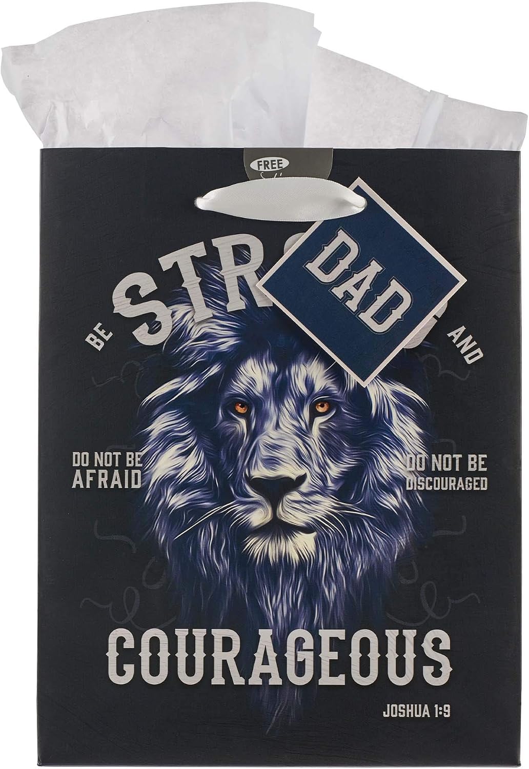 Christian Art Gifts Gift Bag/Tissue Paper Set Strong And Courageous Joshua 1:9 Bible Verse, Blue Lion, Medium