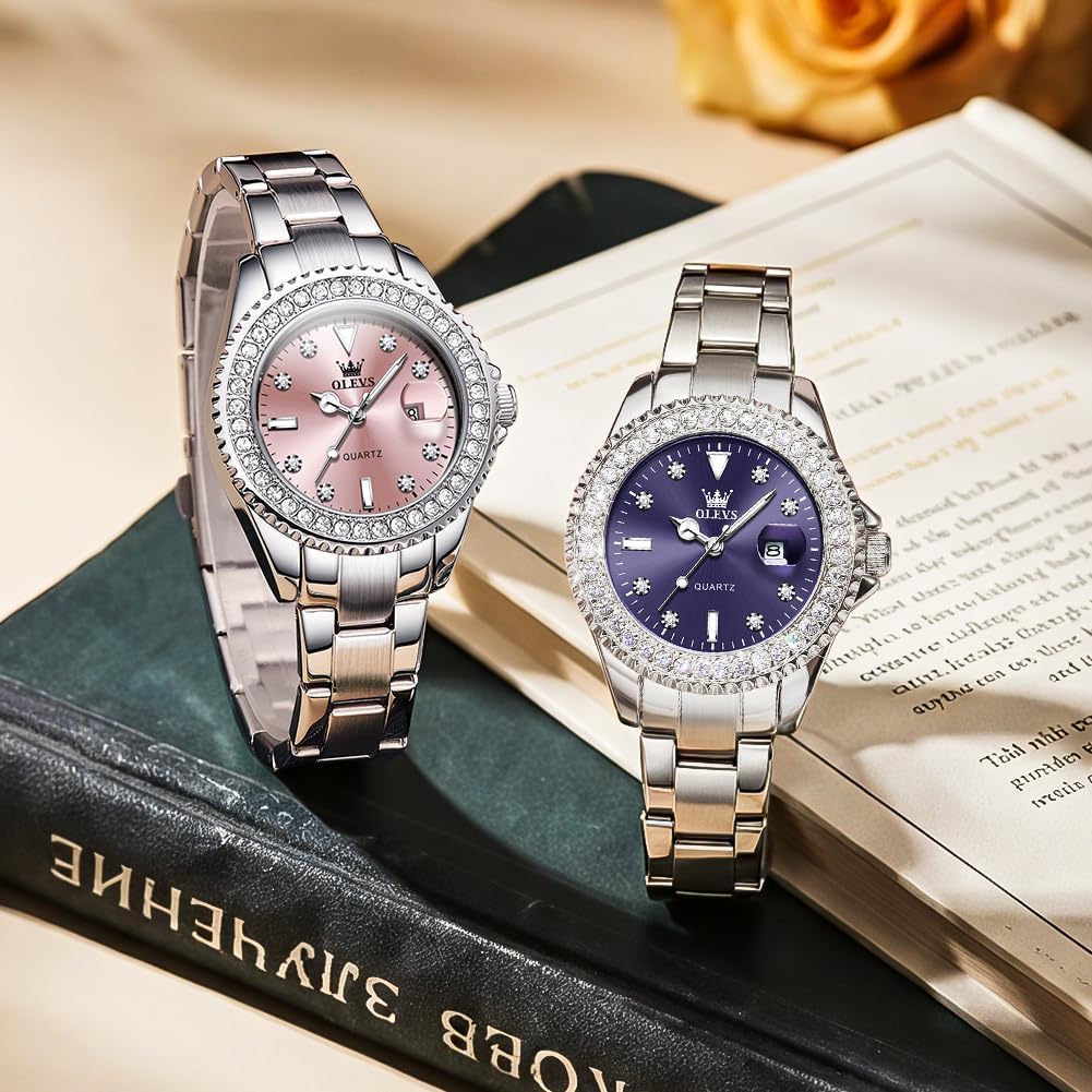 OLEVS Watches for Women Diamond with Date Luxury Leather Female Waterproof Women Wrist Watch Analog Dress Stainless Steel Ladies Watch Luminous Calendar Women Watch Green/Blue/Purple Dial