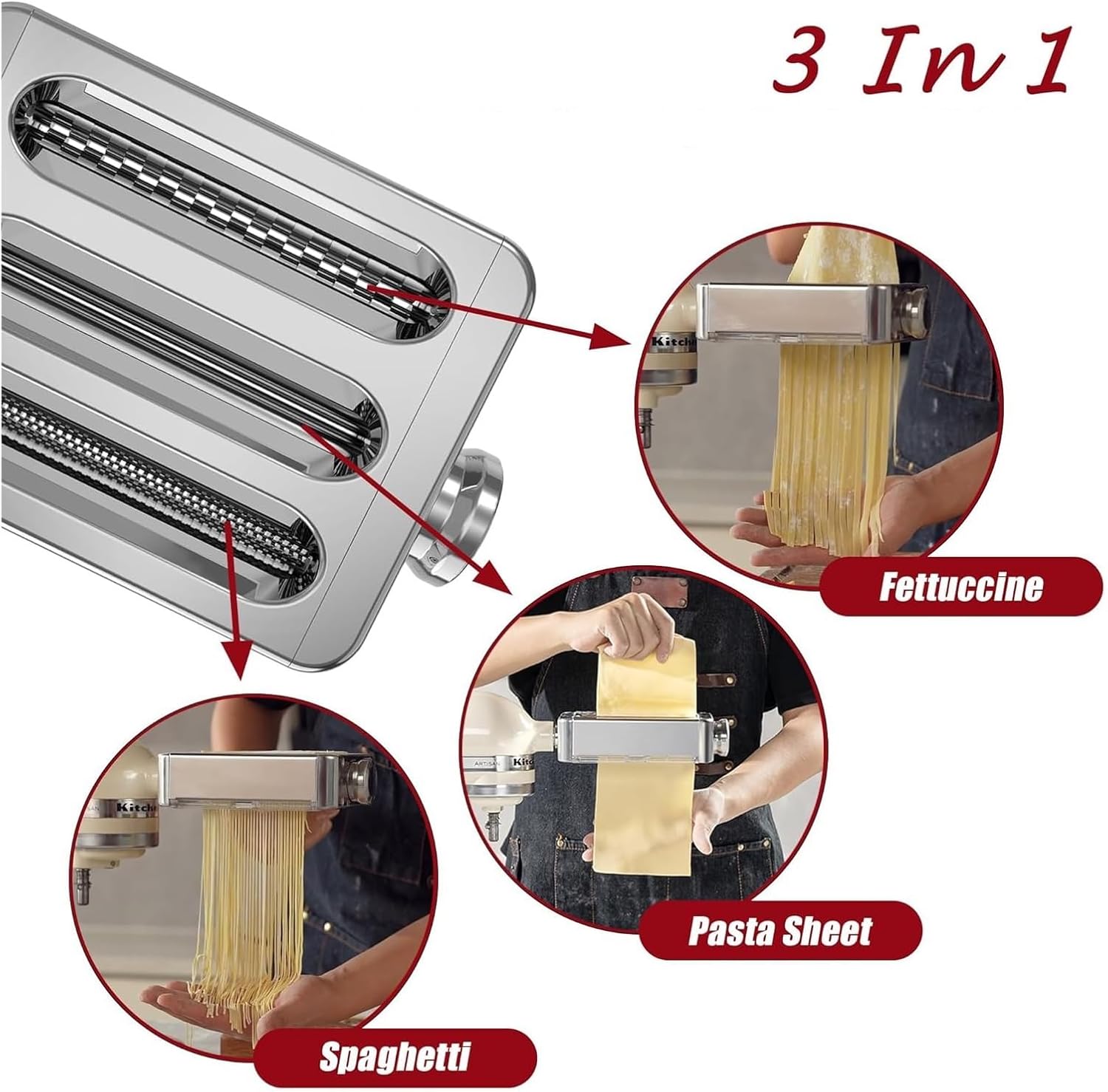 Stainless Steel 3-in-1 Noodle Machine Accessories, Compatible With Stand Mixer, Removvable