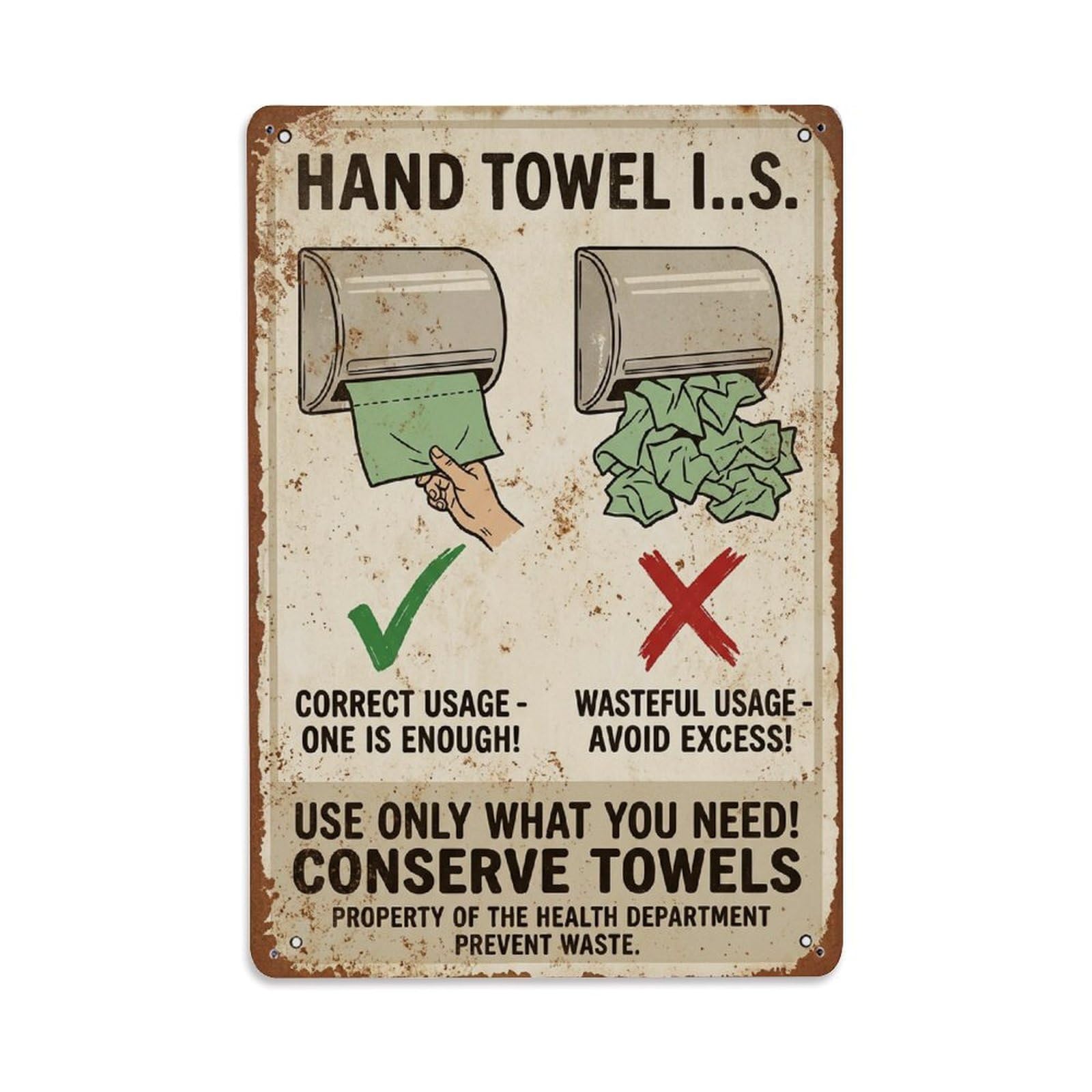Paper Towel Conservation Restroom Vintage Metal Tin Sign Plaque Wall Decor for Cafe, Club, Garden Metal Poster 8x12Inch