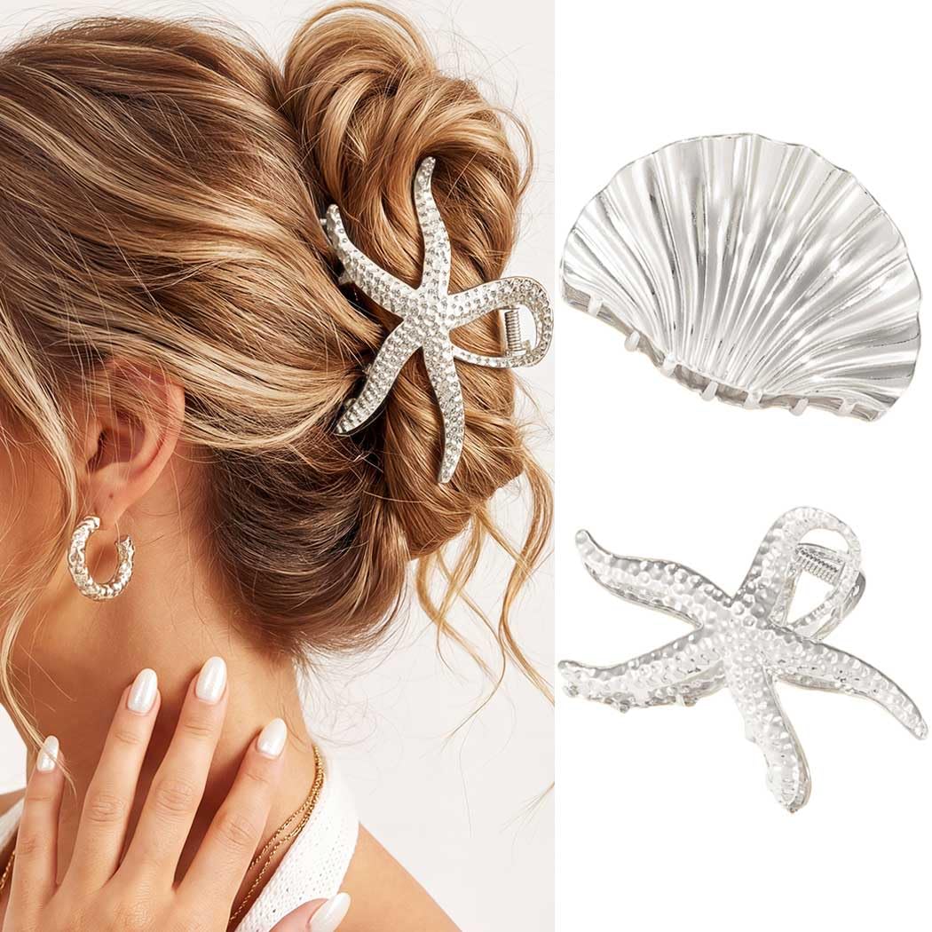 CAKURE Shell Claw Clips Silver Hair Clips Large Claw Clips Beach Hair Accessories for Women (Pack of 2) (b-silver)