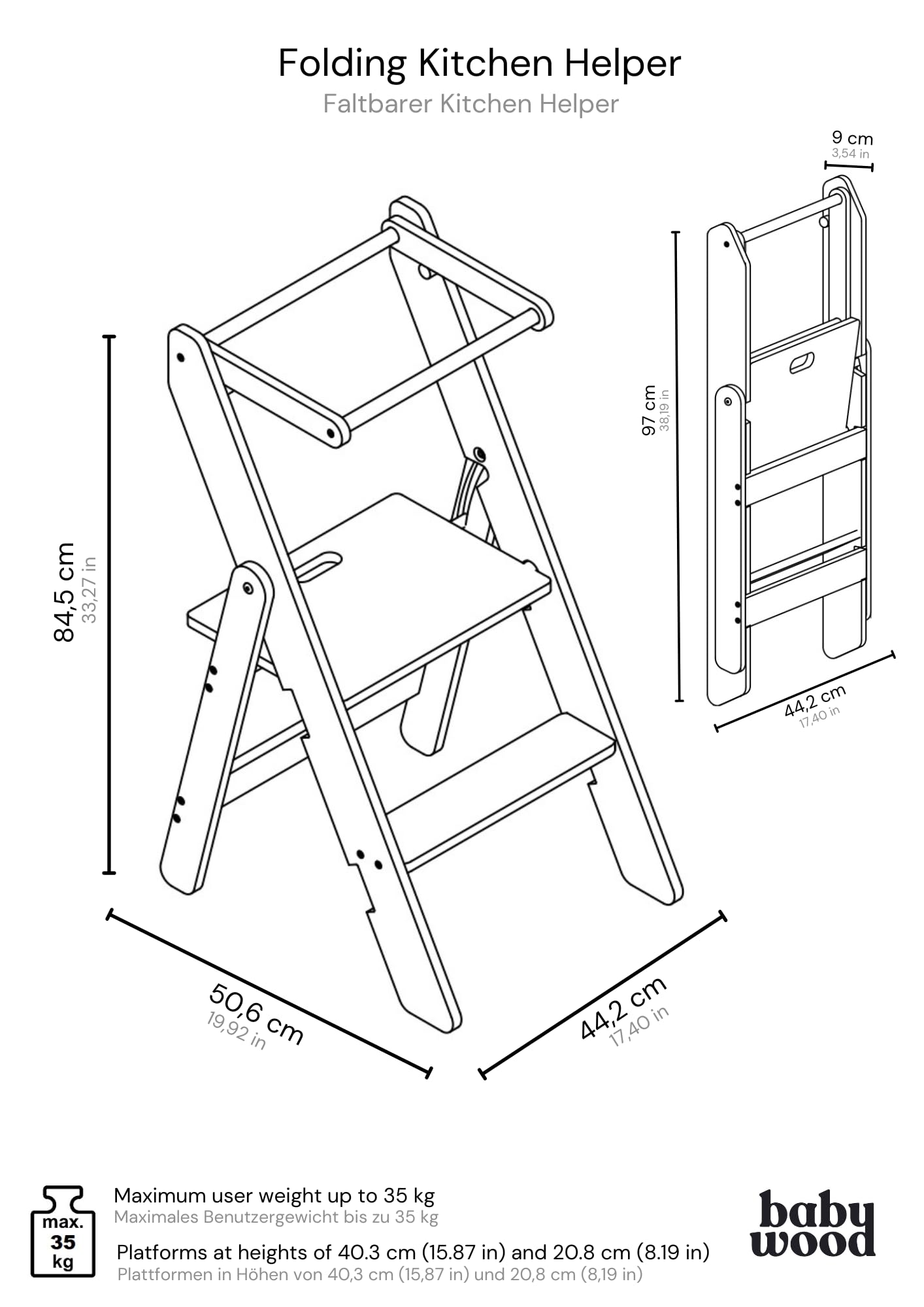 Lernturm Klappbar aus Holz, Lernturm faltbar, Küchenturm aus Holz, Klappbarer Küchenhelfer, Lerntower Montessori, Kleiner Lehrturm (Weiss)