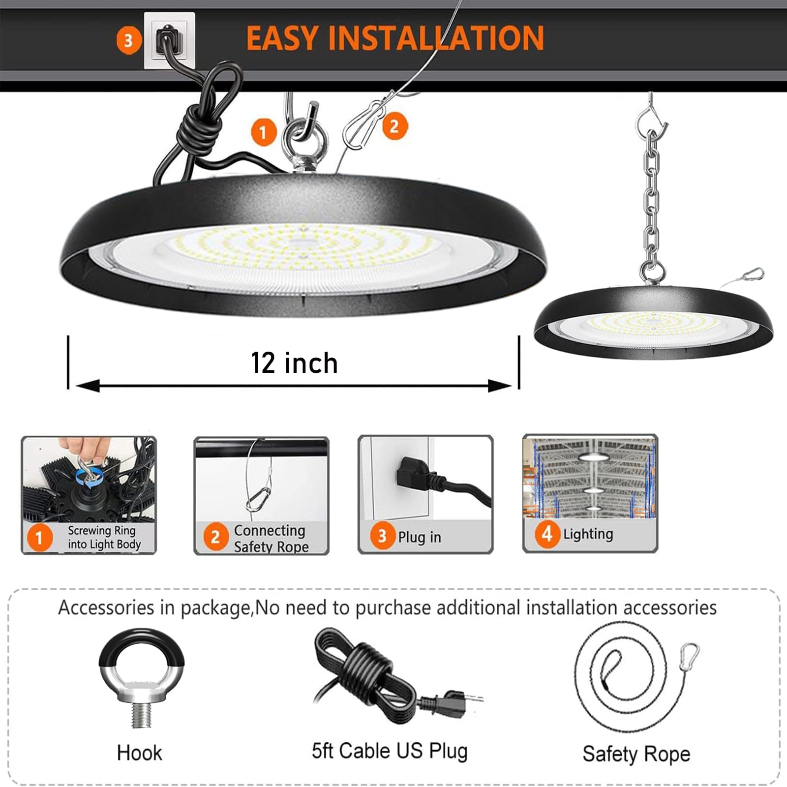 8Pack 200W UFO LED High Bay Light 30000lm 6000K Daylight 2000W Equivalent with 59inch US Plug Cable Garage — view 7