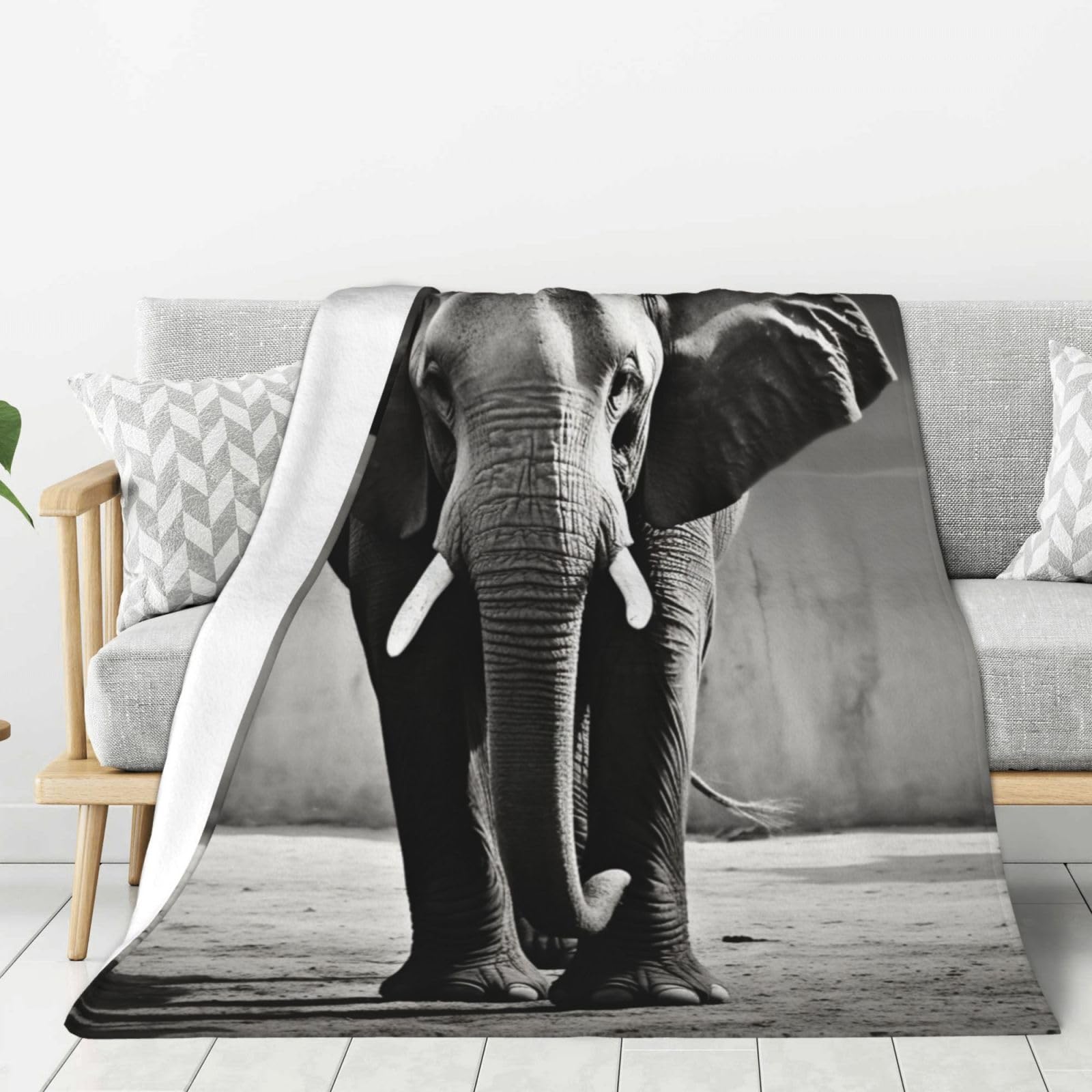 Couverture en peluche chaude éléphant noir et blanc lavable pour grand lit