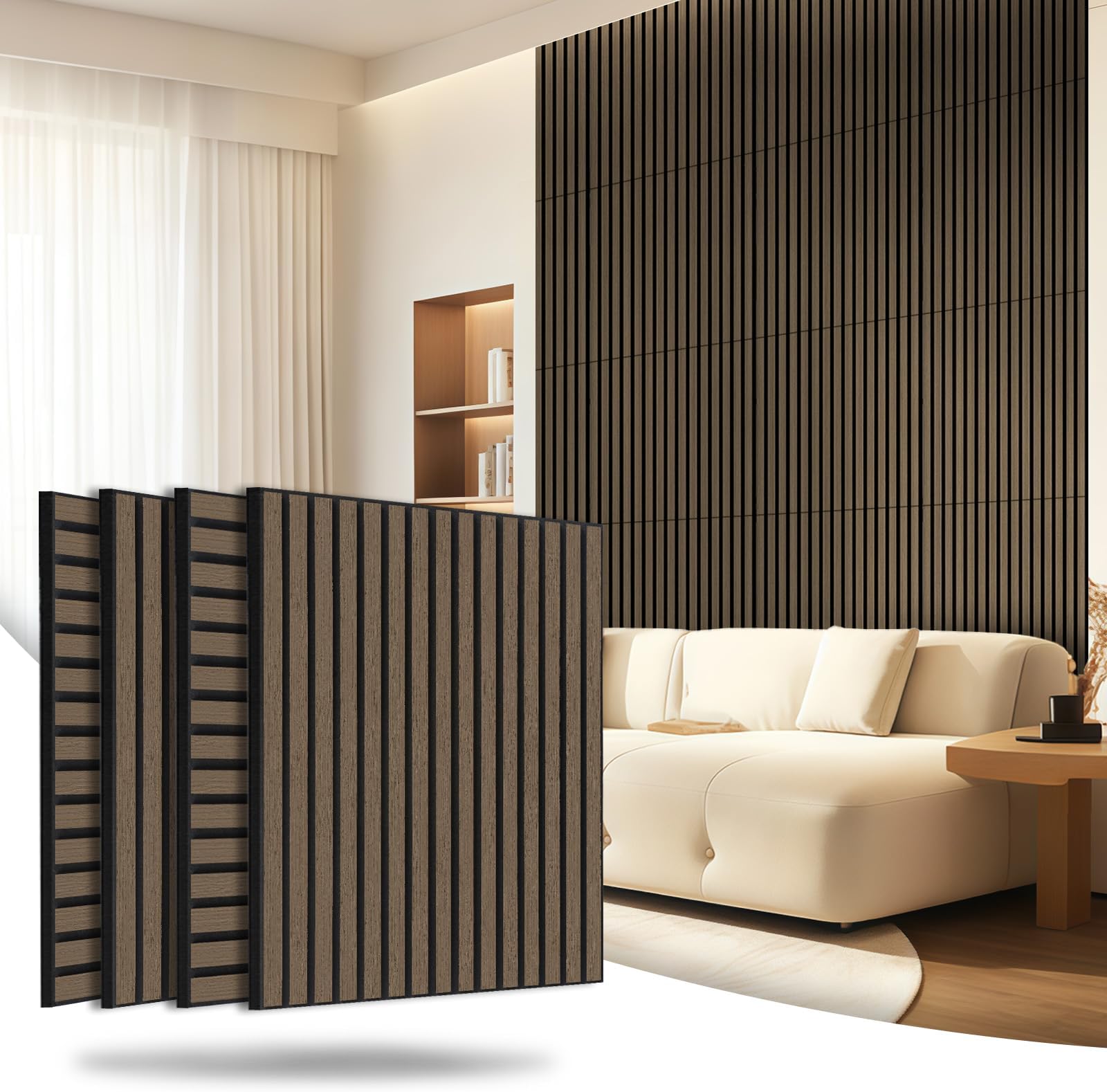 AKK-Star Wood Slat Acoustic Panels (4 Pack/23.6"x23.6"/Covers 15.5 Sq. Ft.) – 3D Textured Wall Panels for Noise Reduction & Modern Decor, Soundproof Panels for Living Room & Bedroom(5# Dark Walnut)