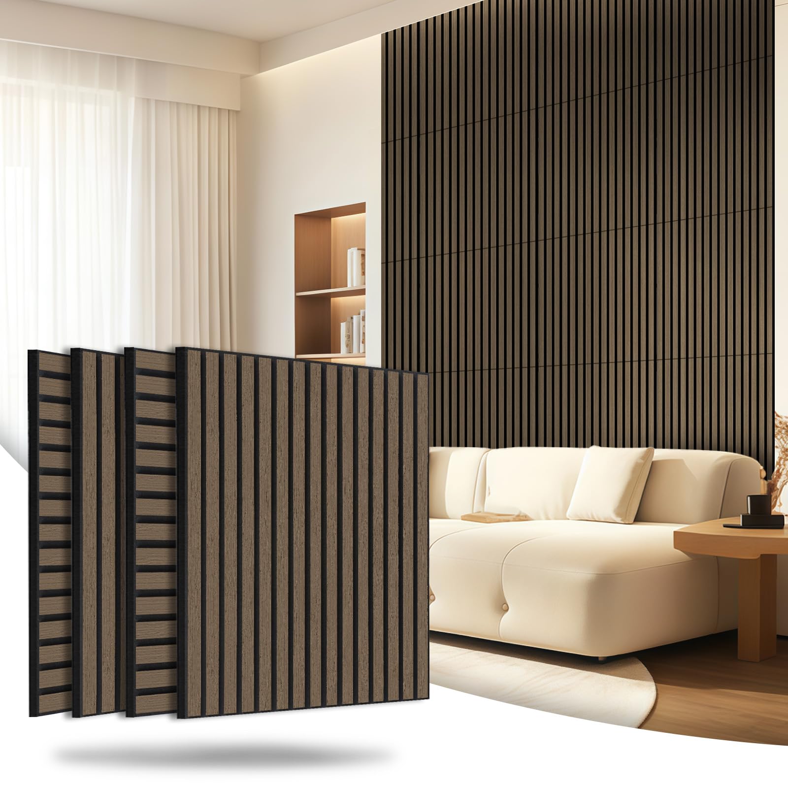 AKK-Star Wood Slat Acoustic Panels (4 Pack/23.6"x23.6"/Covers 15.5 Sq. Ft.) – 3D Textured Wall Panels for Noise Reduction & Modern Decor, Soundproof Panels for Living Room & Bedroom(5# Dark Walnut)