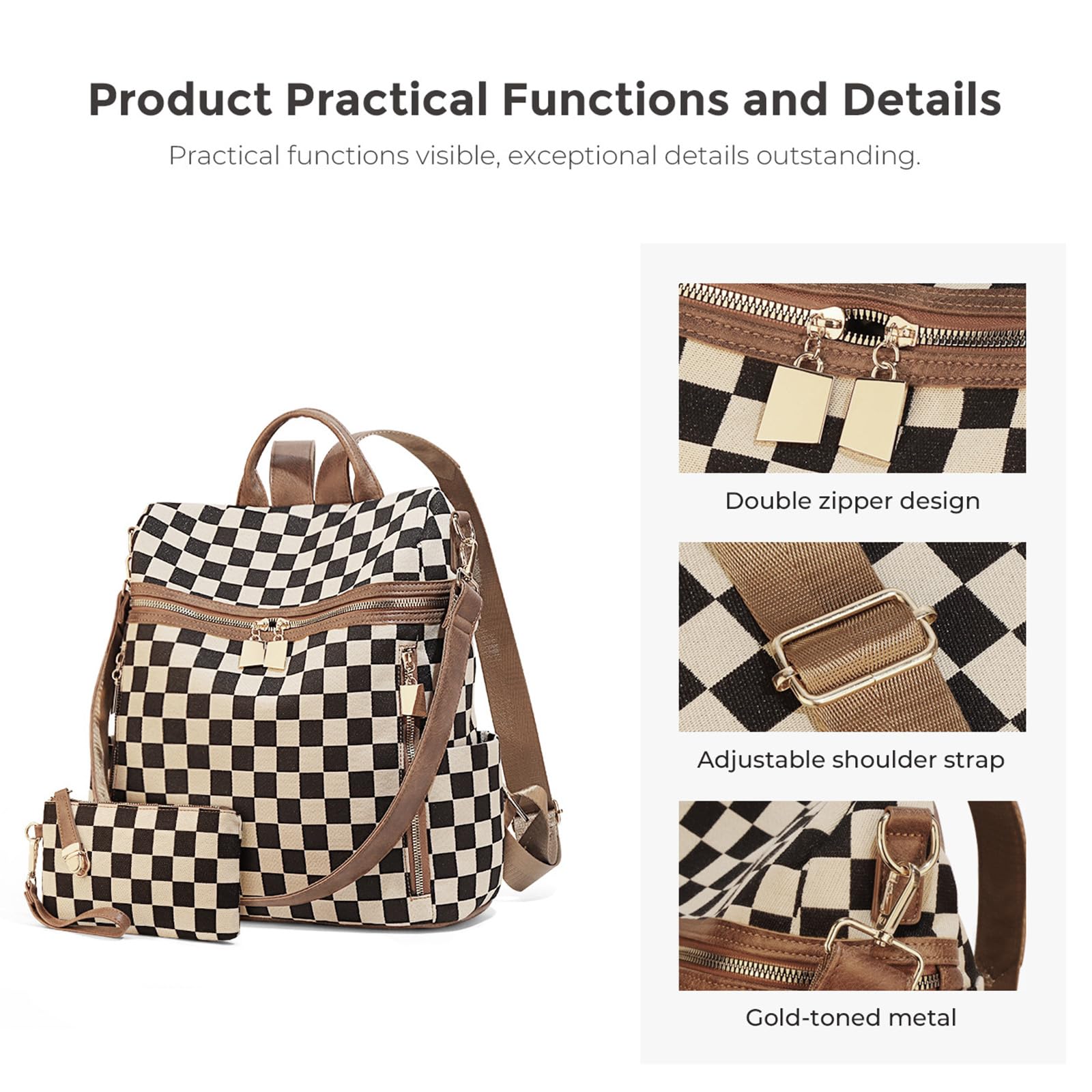 Zaino a quadri da donna piccolo zaino con tasche multiple grande borsa tracolla regolabile da viaggio lavoro