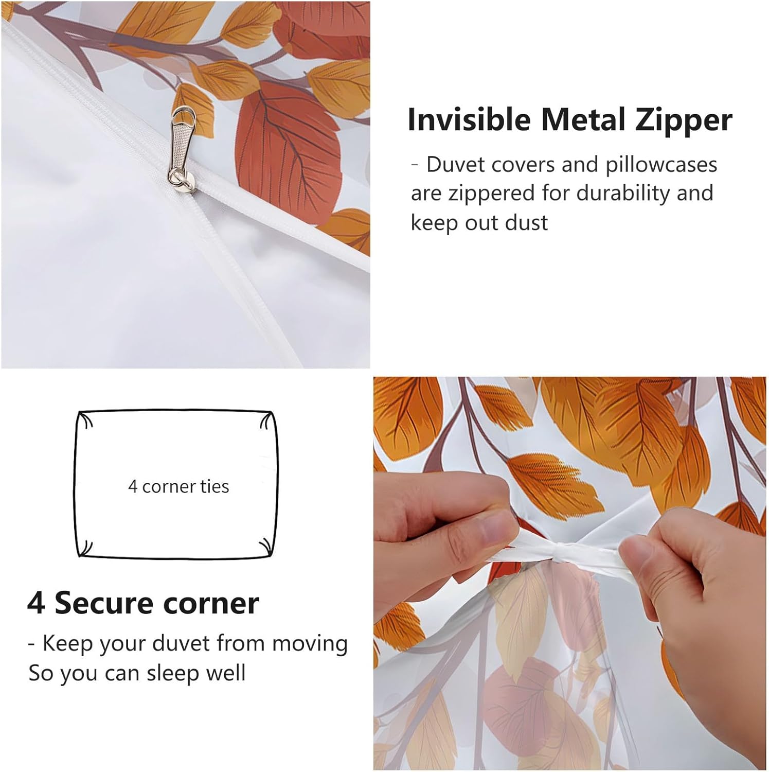 Duvet Cover for Kids Cartoon Minimalist Maple Leaves Branches Quilt Cover Sets Reversible Soft Bedspread Cover, Orange White Bedding Set 3Pcs Zipper Closure Boys Girls Teens (Twin Size 68"x90")