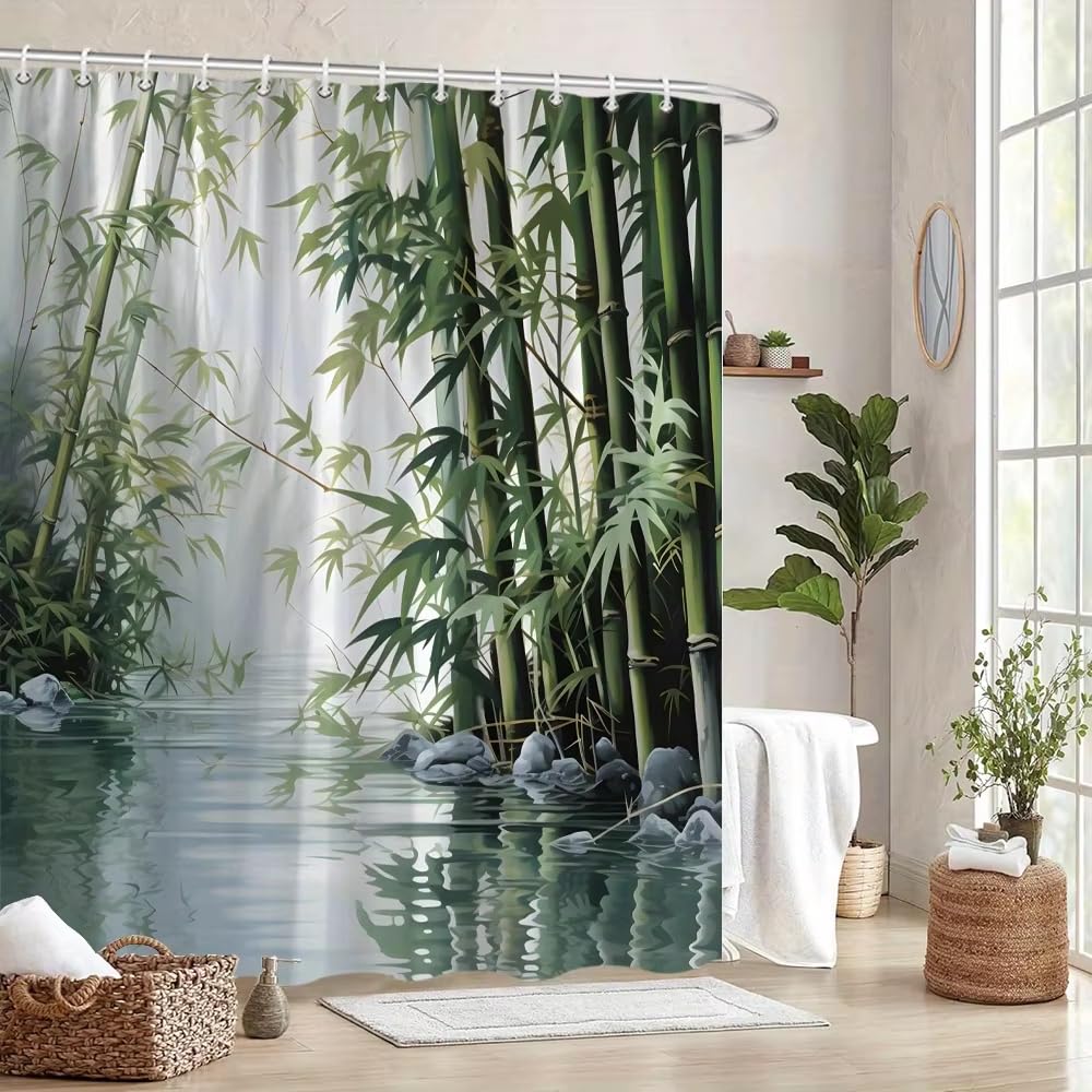 Generico Tenda Doccia con Motivo Foresta di Bambù, per Un Tocco Fresco e Naturale Al Tuo Bagno. Antimuffa, Resistente Alla Muffa, 100% Poliestere, Verde. 180 Cm X 200 Cm (1 Pannello).