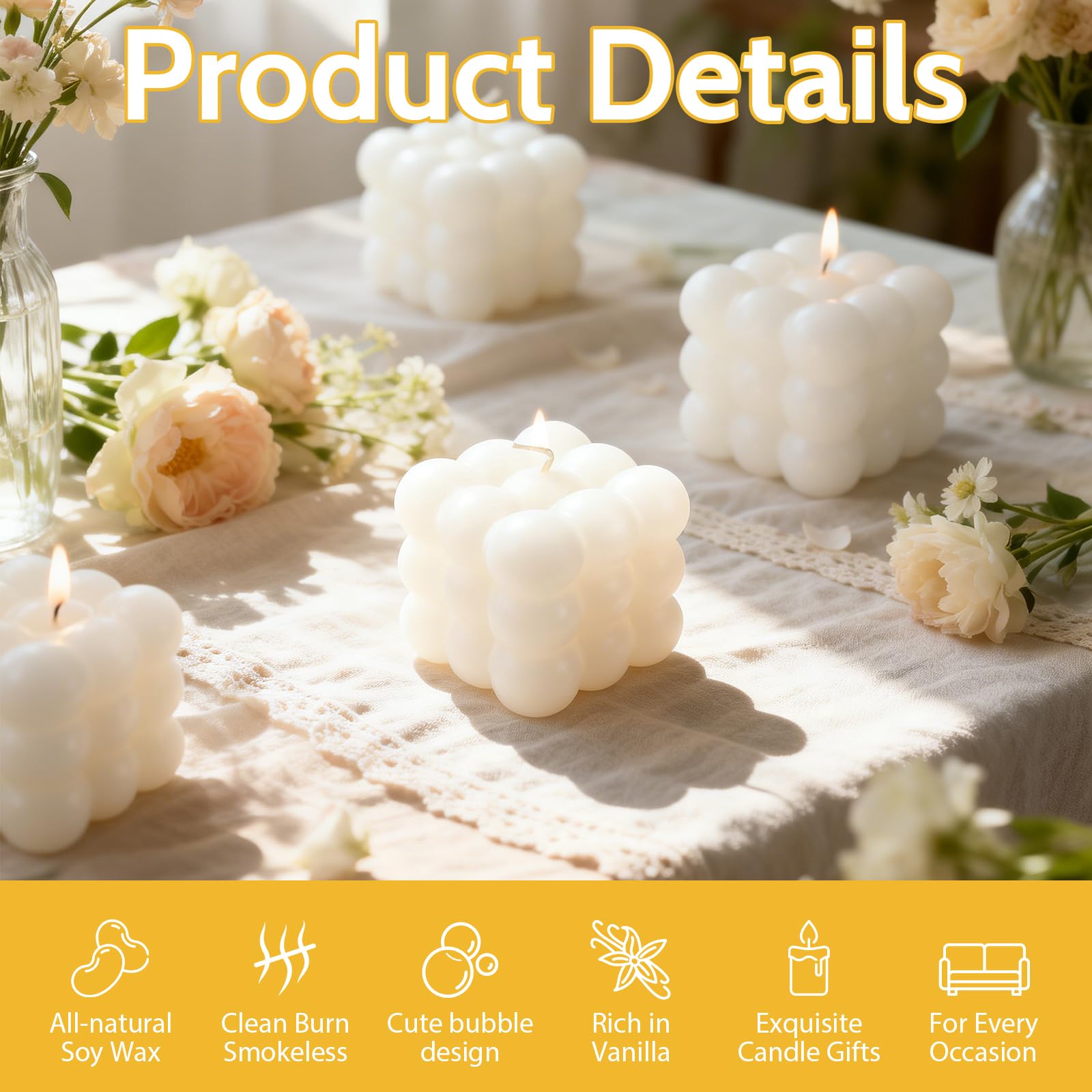 24 velas de burbujas – Velas de cera de soja de vainilla en forma de cubo – Mini velas de soja hechas a mano, para decoración estética de habitación, vela decorativa grande para el hogar