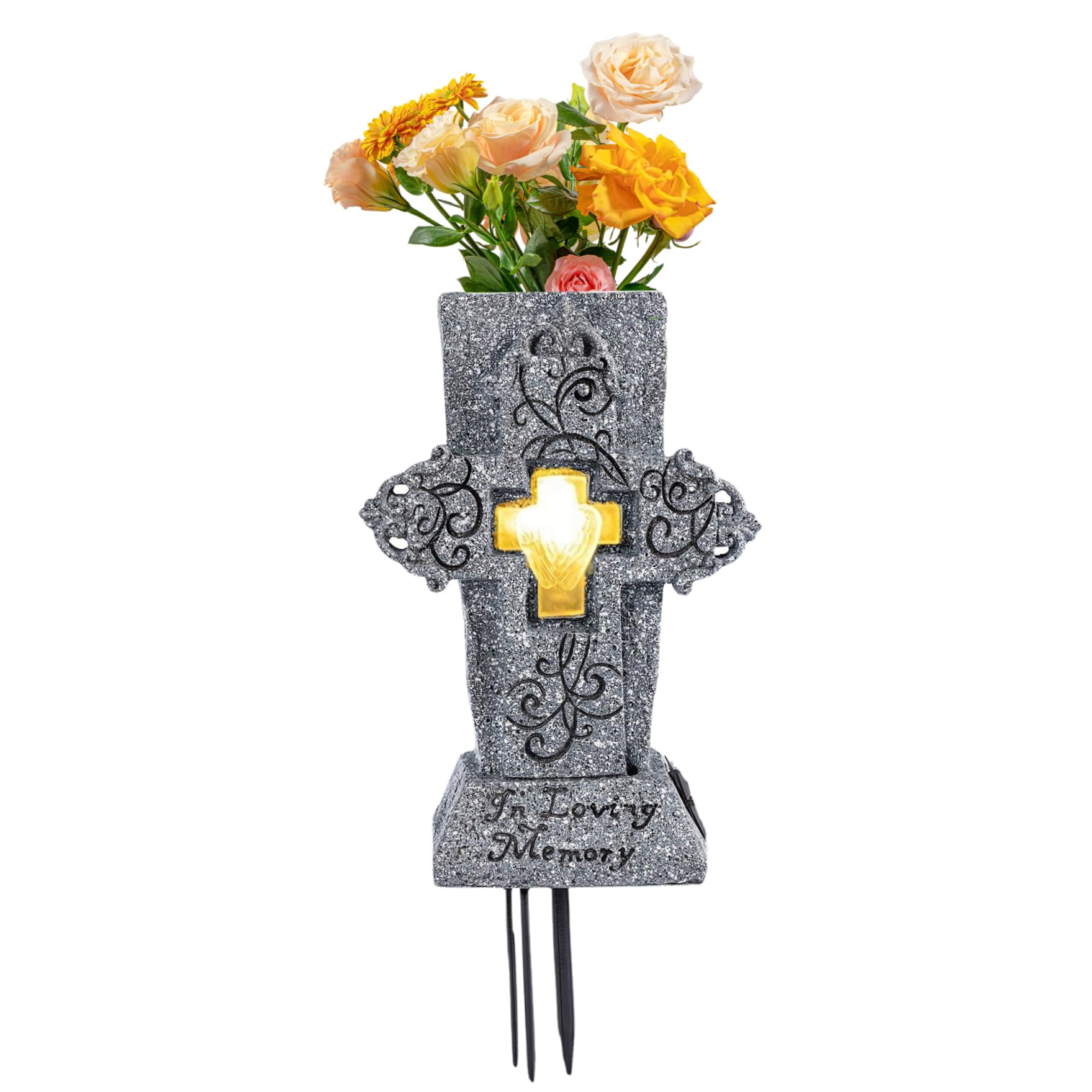 Vase de cimetière funéraire extérieur avec lampe solaire et croix commémorative