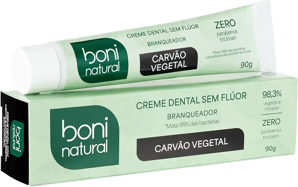 Creme Dental Boni Natural Carvão Ativado Branqueador Com Menta e Carvão Vegetal, Boni Natural, Preto