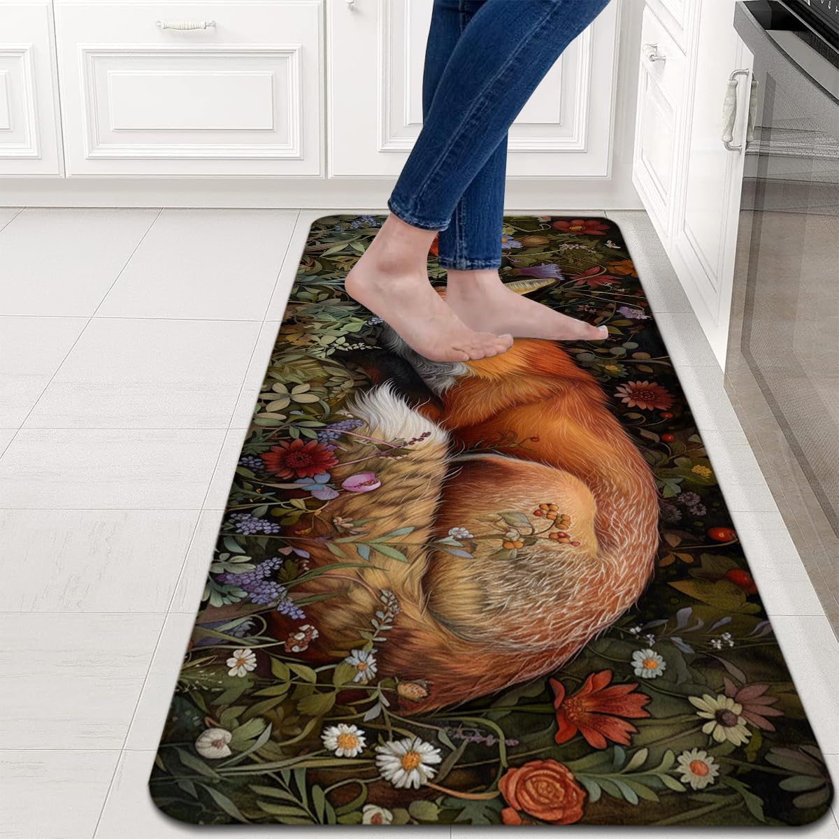 Red Fox Kitchen Rugs Set of 2, Flower Plant Kitchen Mats Decor with Rubber Backing Non Skid Washable, Floor Door Mat Home Decorations for Kitchen Sink Bathroom (17" x 29 + 17" x 47")