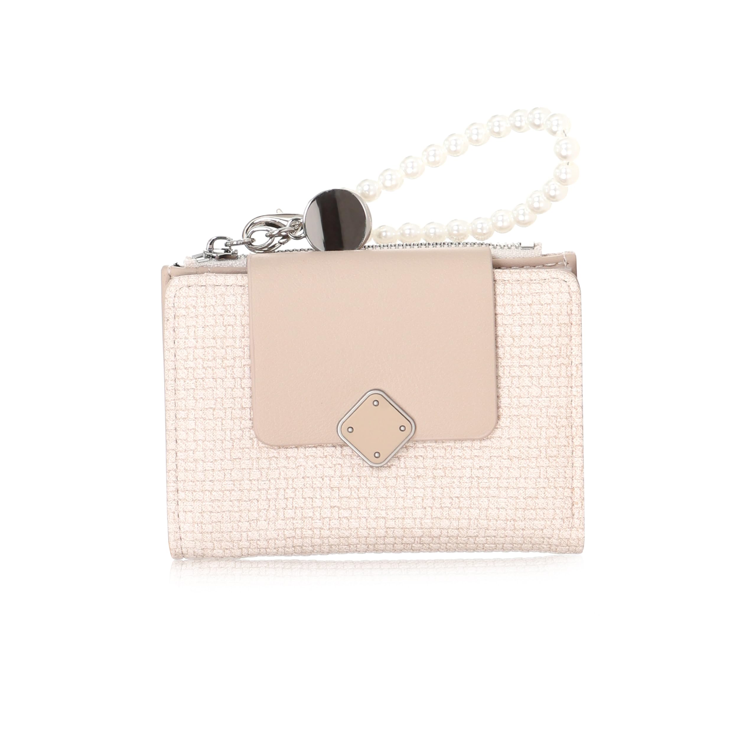 Elegant Womens Wallet Clutch with Pearl Handle – Small Vegan Leather Zip Around Wallet Purse | Stylish Card Holder with 3 Pockets & 1 Compartment | Compact Travel Color-Beige-image-4