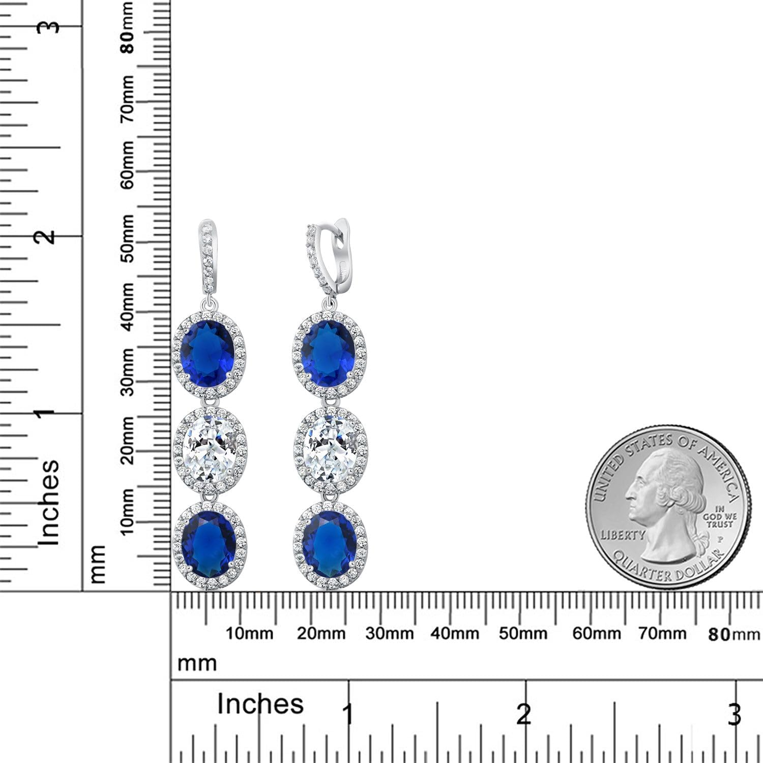 Gem Stone King 3-Stone Oval Simulated Blue Sapphire and White Zirconia 2 Inch Dangle Earrings For Women
