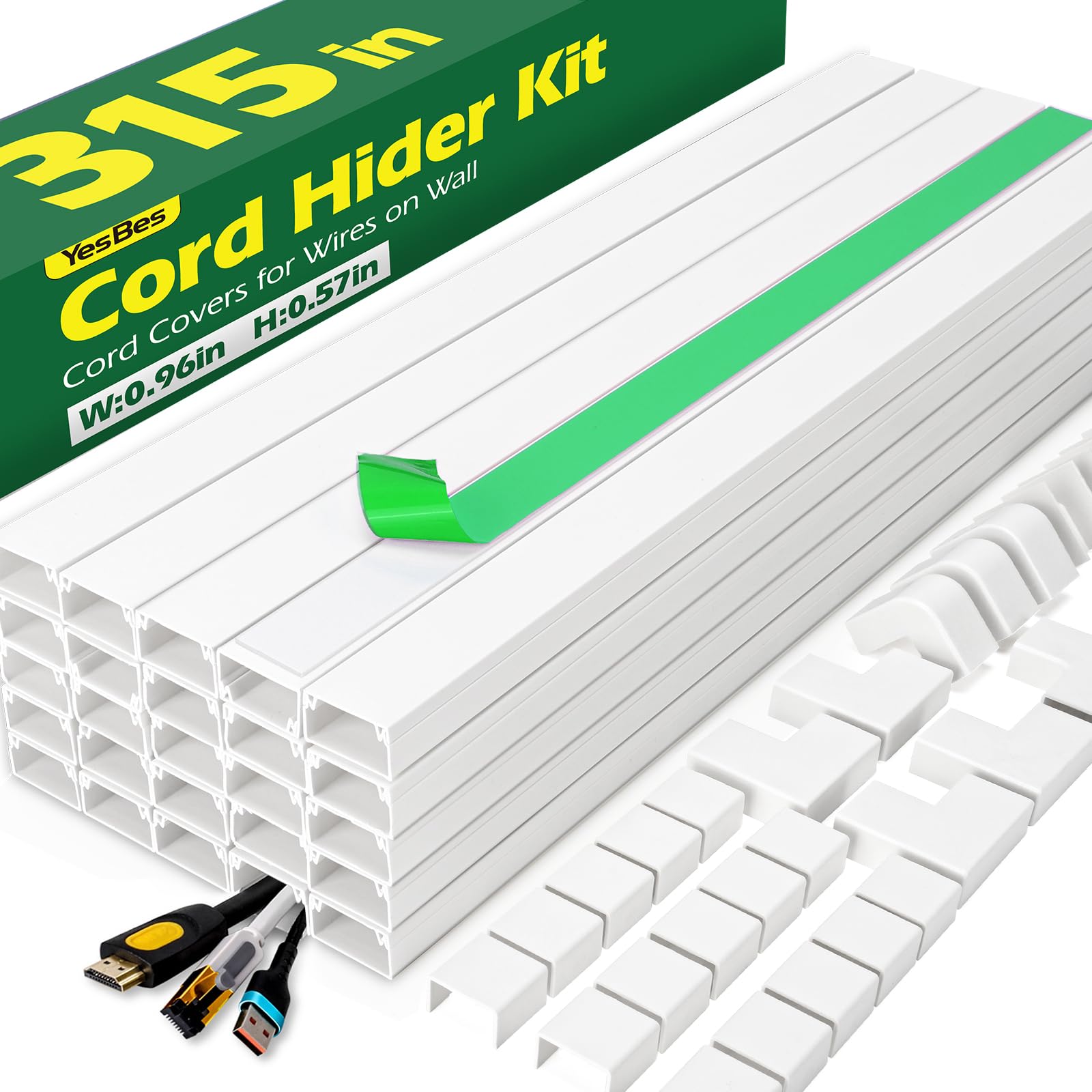 AZEN Cord Hider Kit, 315in Cord Covers for Wires on Wall, Paintable Wire Covers for Cords on Wall, Wire Hiders, Self-Adhesive Cable Hider Cord