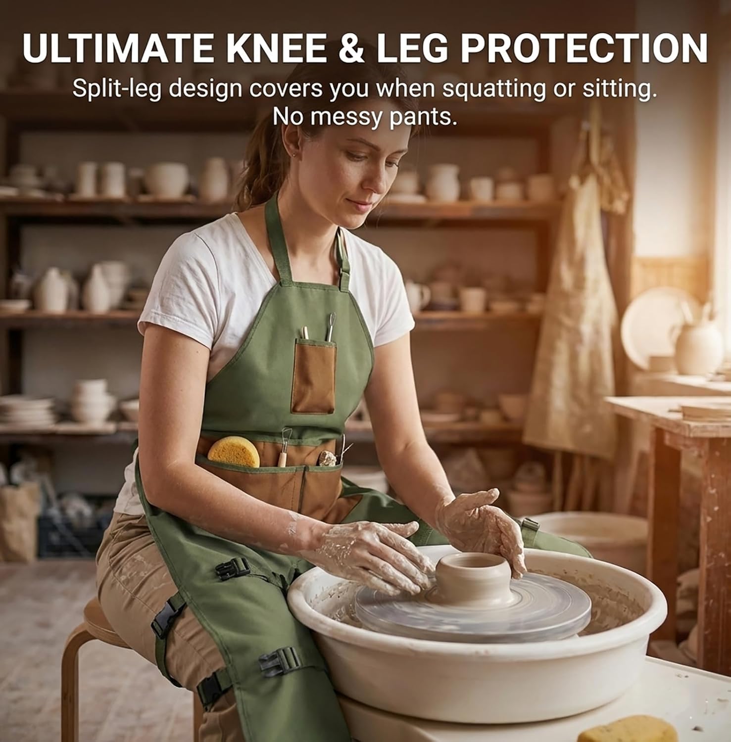 Split Leg Garden Apron with Multiple Pockets, Heavy Duty Waterproof Work Apron for Men & Women, Adjustable Buckle